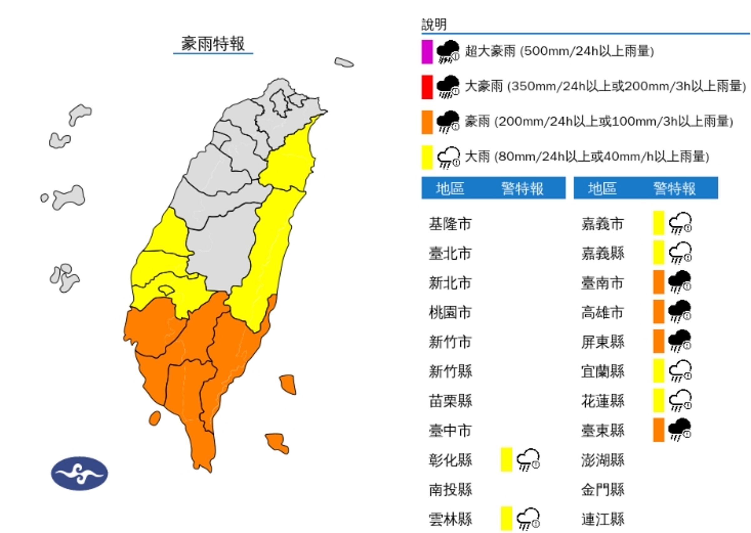 中央氣象署發布豪大雨特報。（翻攝自中央氣象署官網）