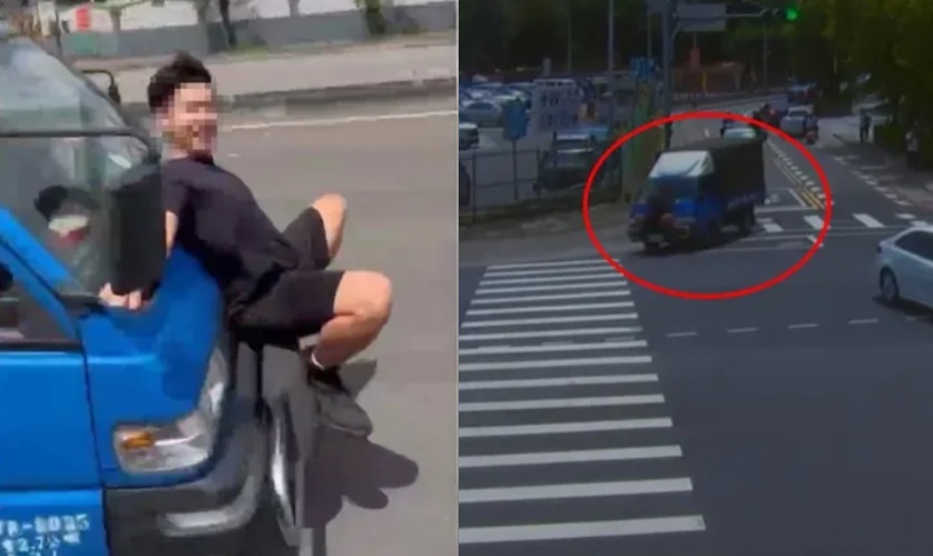 板橋街頭驚見男子站在貨車保險桿上，還轉頭對鏡頭微笑，誇張畫面掀起網友熱議。（翻攝畫面）