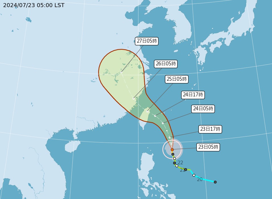 凱米轉彎往西偏折路徑仍有變數。（翻攝自中央氣象署）