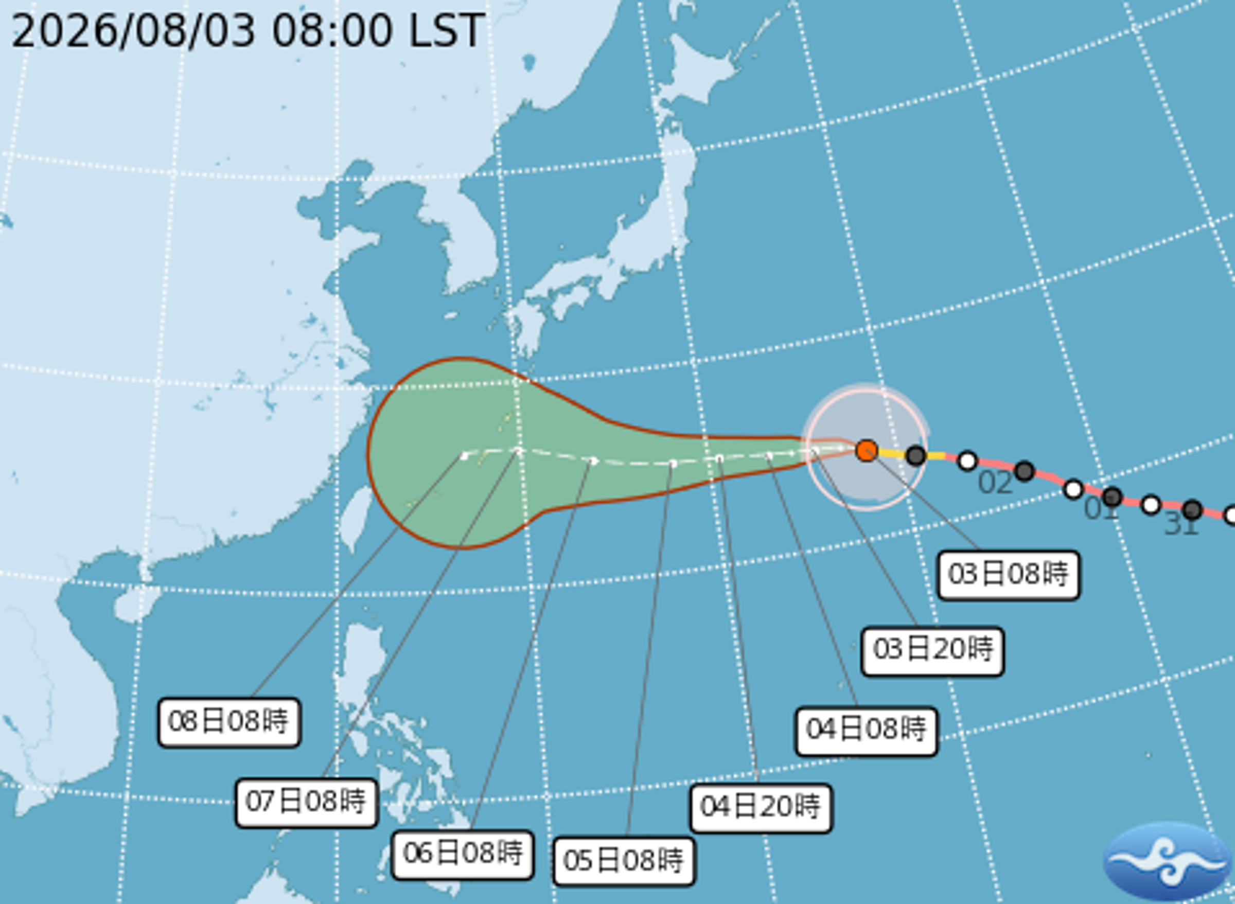 中颱「白海豚」持續向西北西前進，預計父親節會影響台灣，北部縣市暴風侵襲機率逾3成。（翻攝自中央氣象署官網）