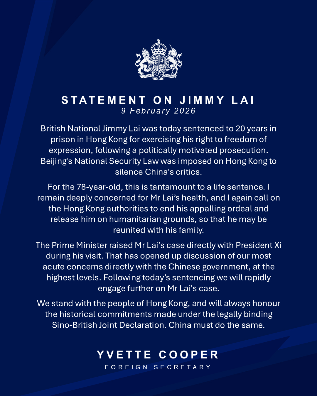 英國外交大臣庫柏喊話釋放英國公民黎智英。（翻攝自X@FCDOGovUK）