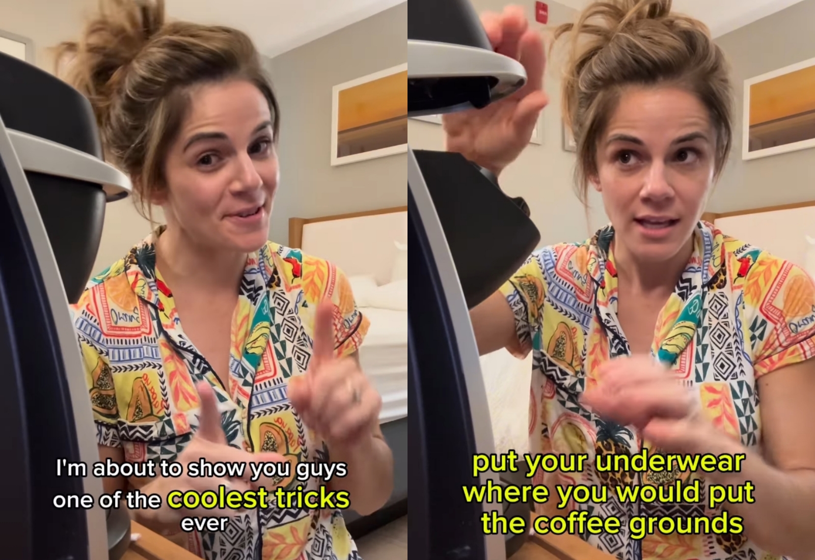加拿大網紅塔拉伍德考斯教大家如何用飯店咖啡機洗內褲,引發輿論熱議。(翻攝自Instagram)