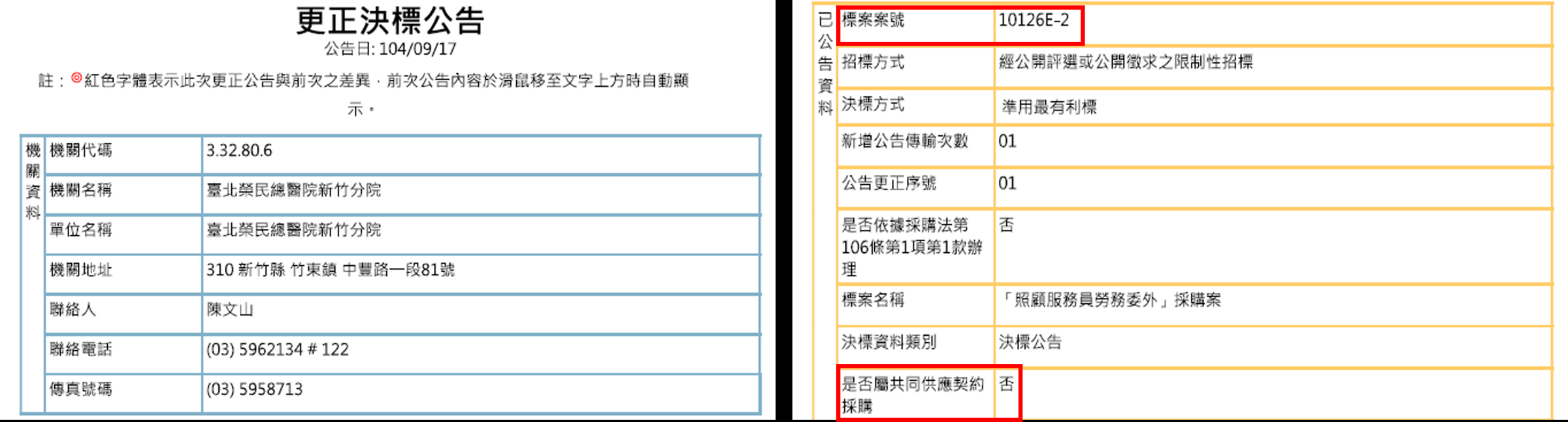 榮總新竹分院「照顧服務員勞務委外」採購案(案號10126E-2)非共同供應契約。（翻攝政府採購網公告）