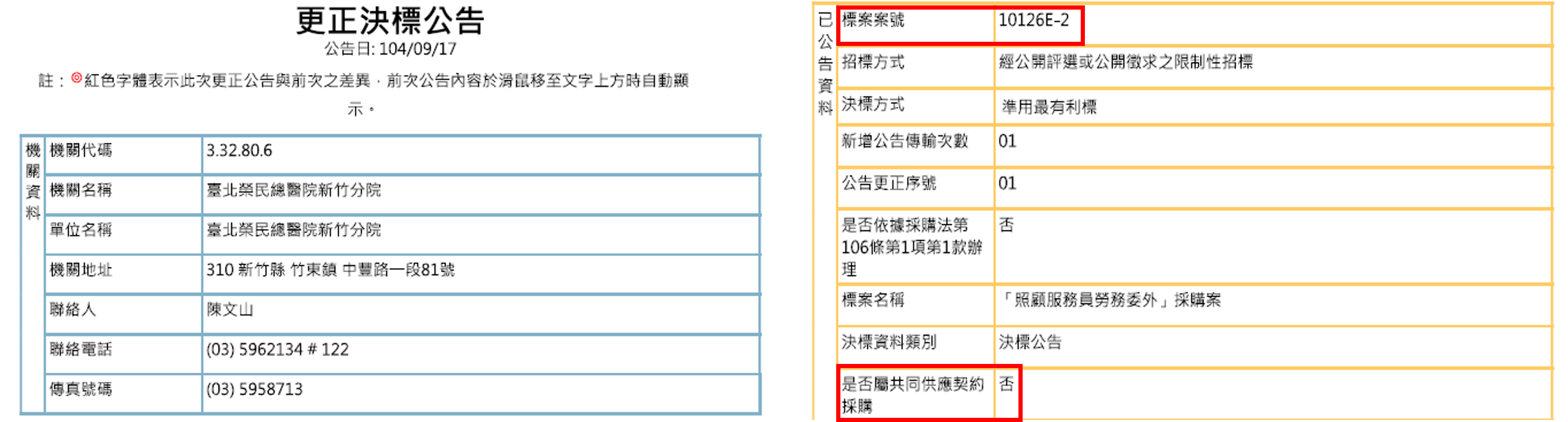 榮總新竹分院「照顧服務員勞務委外」採購案(案號10126E-2)非共同供應契約。（翻攝政府採購網公告）