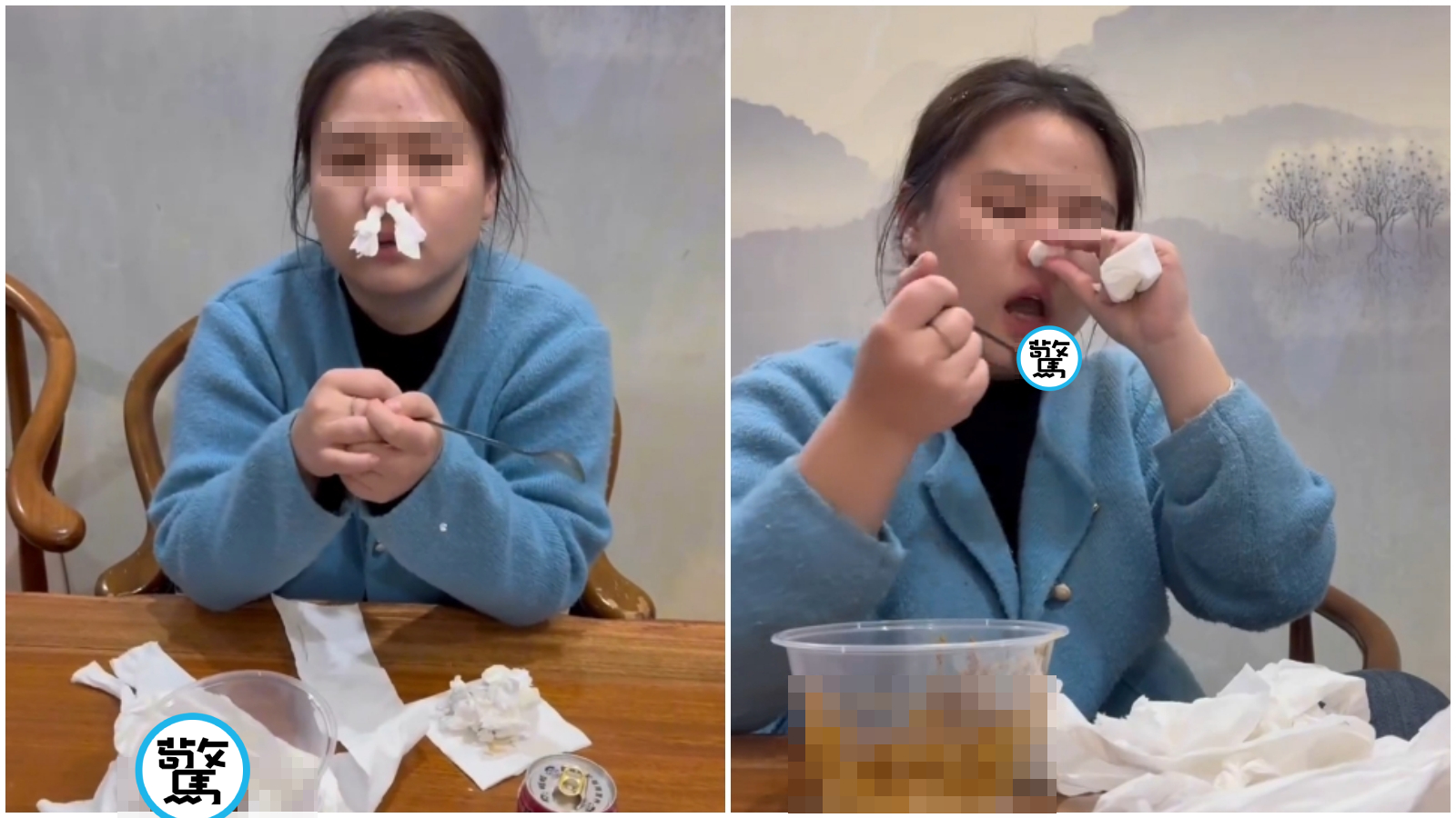 中國女去男模店消費沒錢付，吃屎抵帳。（翻攝畫面）