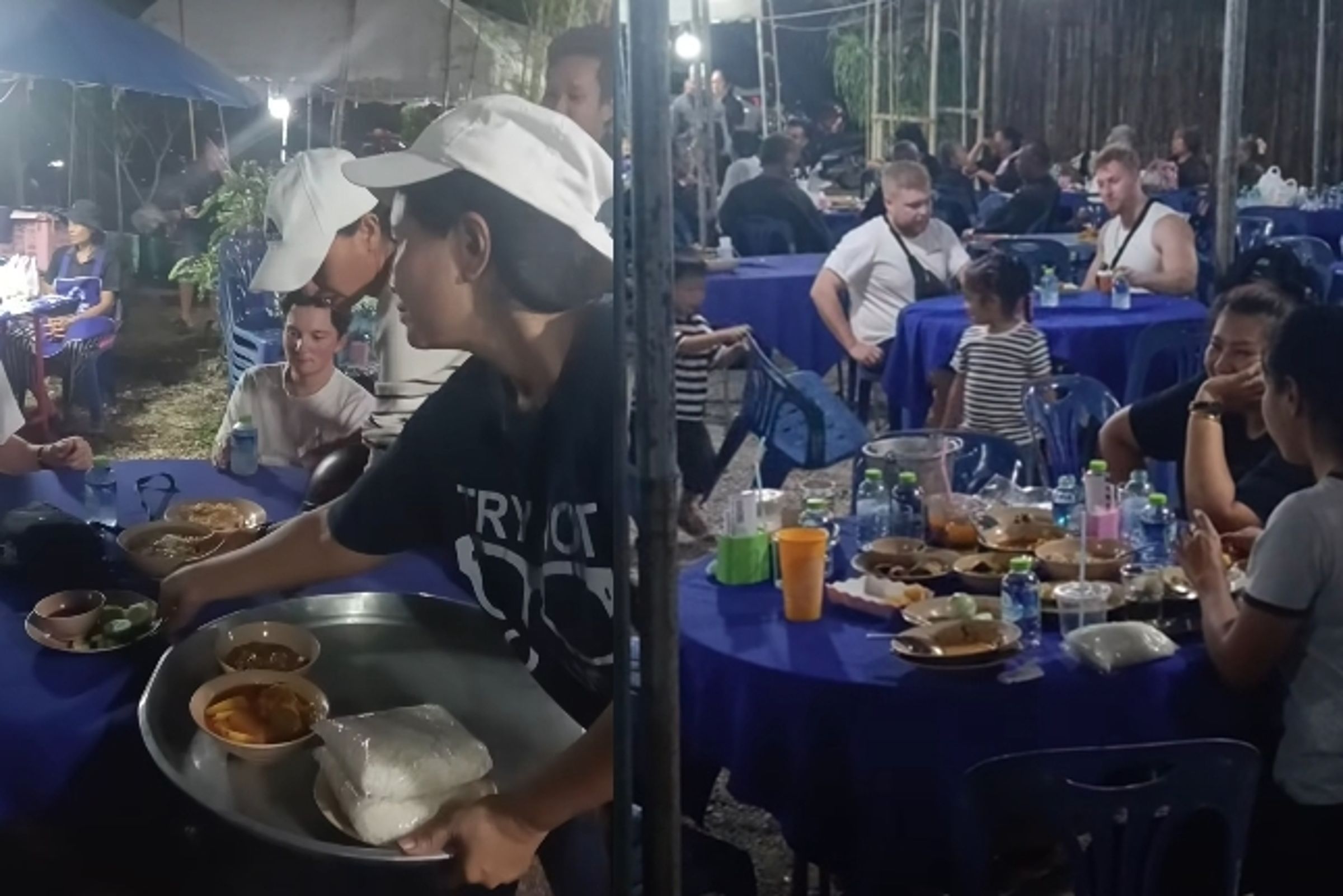 有網友笑稱這些外國遊客是「蹭飯高手」,呼籲不能鼓勵這種行為,但更多人是被這家人的氣度所感動。(翻攝自Charantorn Chaloemkiad IG)