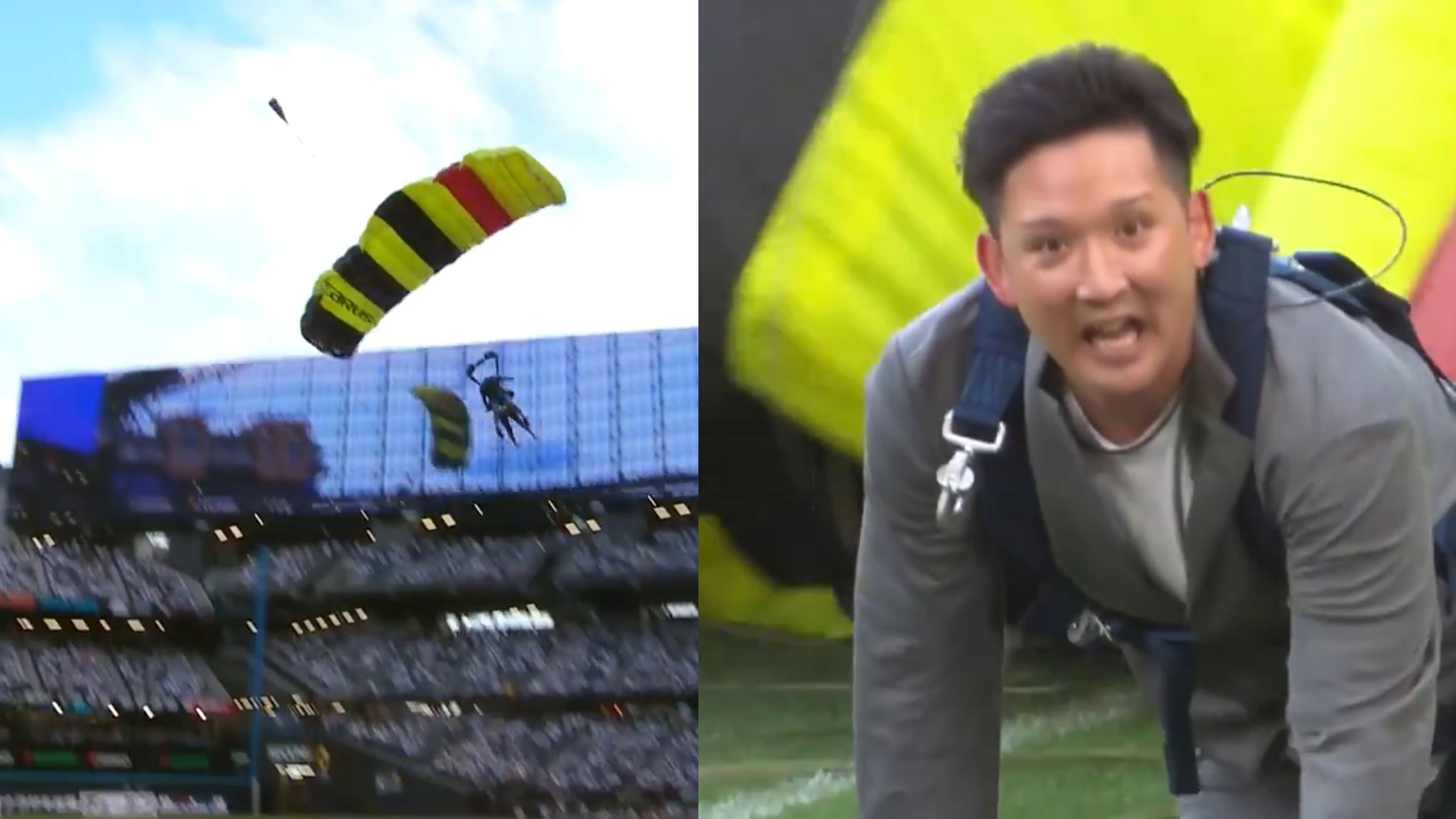 杉谷拳士空降球場替球賽拉開序幕,順利降落時可見他仍有點驚恐。(翻攝X@ABEMA)