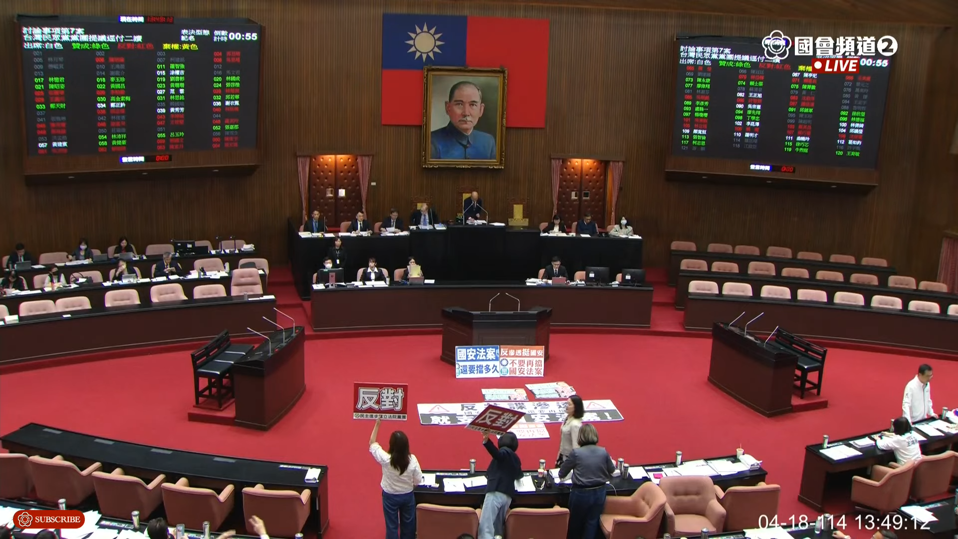 民眾黨團提出將2項公投案逕付二讀，儘管綠營反對，但在藍白聯手下仍通過表決。（翻攝自國會頻道）