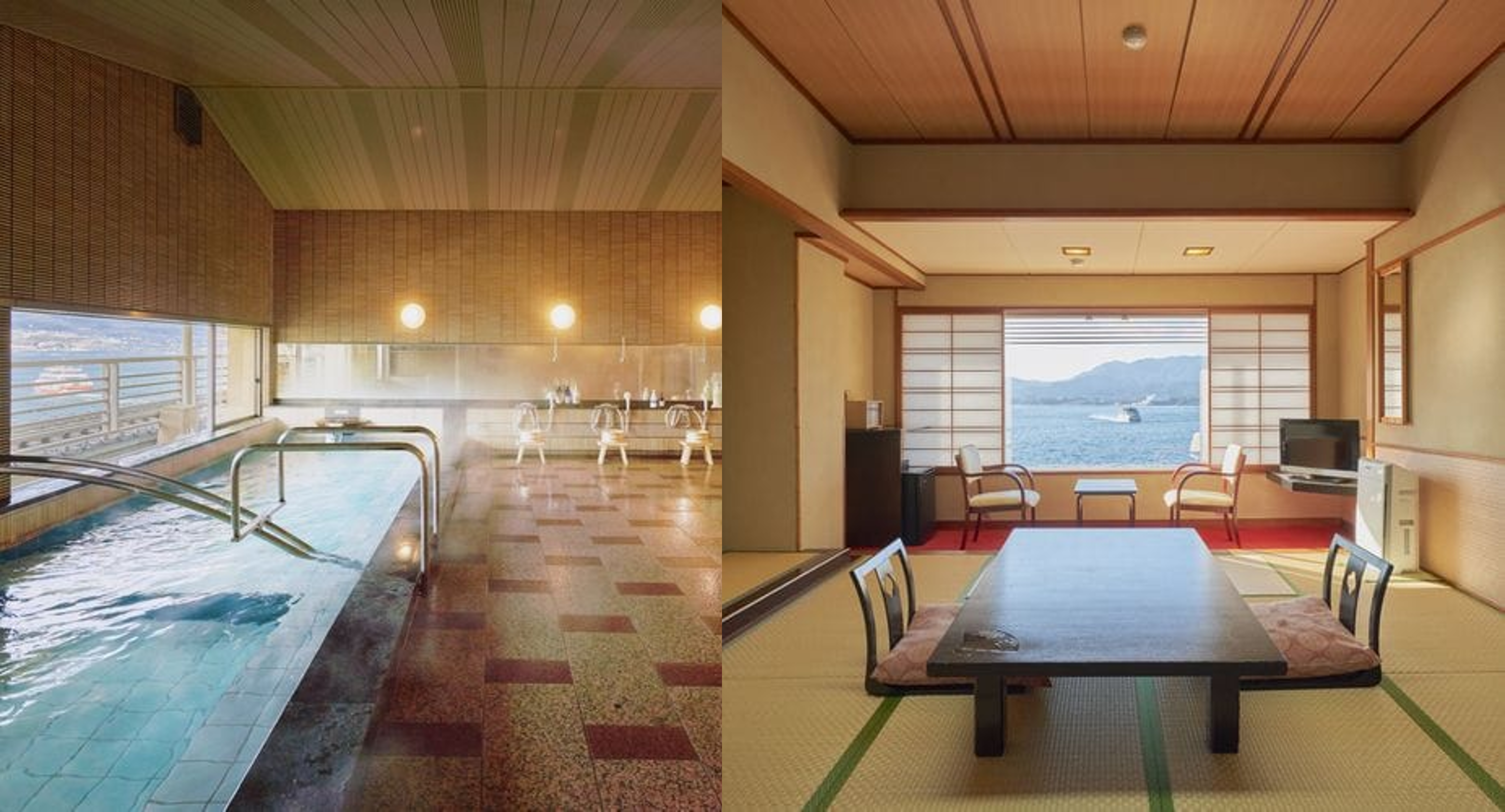 「宮島神撰之宿 Miyarikyu」坐擁瀨戶內海絕美海景，設有展望大浴場與海景客房，可讓全家人共享悠然愜意的度假時光。（樂天旅遊提供）