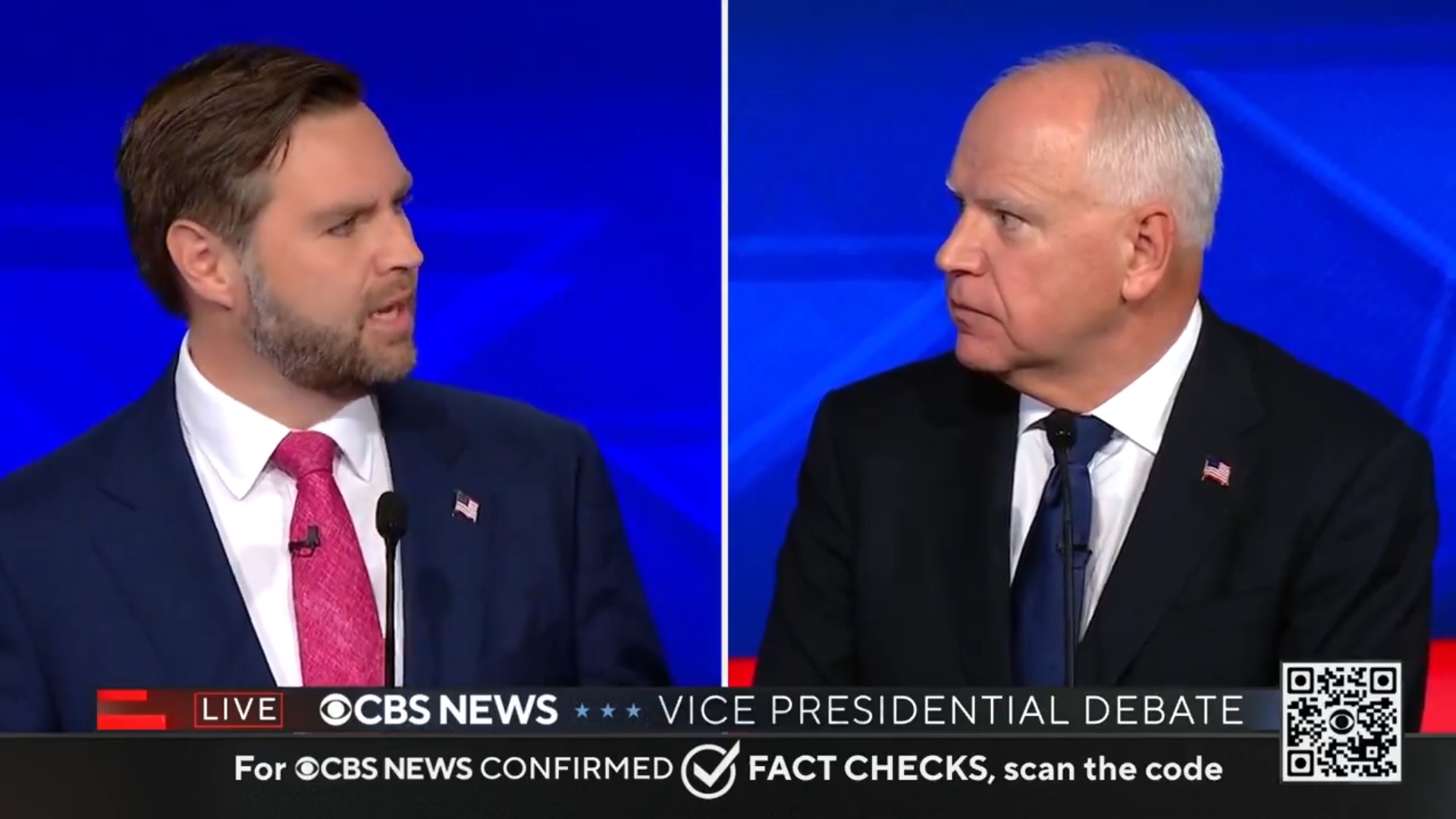 民主黨候選人華茲(右)與共和黨候選人范斯(左)就墮胎、移民和住房等多項議題激烈爭辯。(翻攝X@JDVance)