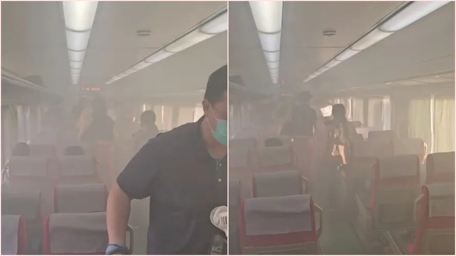 台鐵自強號行駛至高雄新左營站，昨（6日）下午傳出自強號車廂上起火。（翻攝自p9690110 Threads）