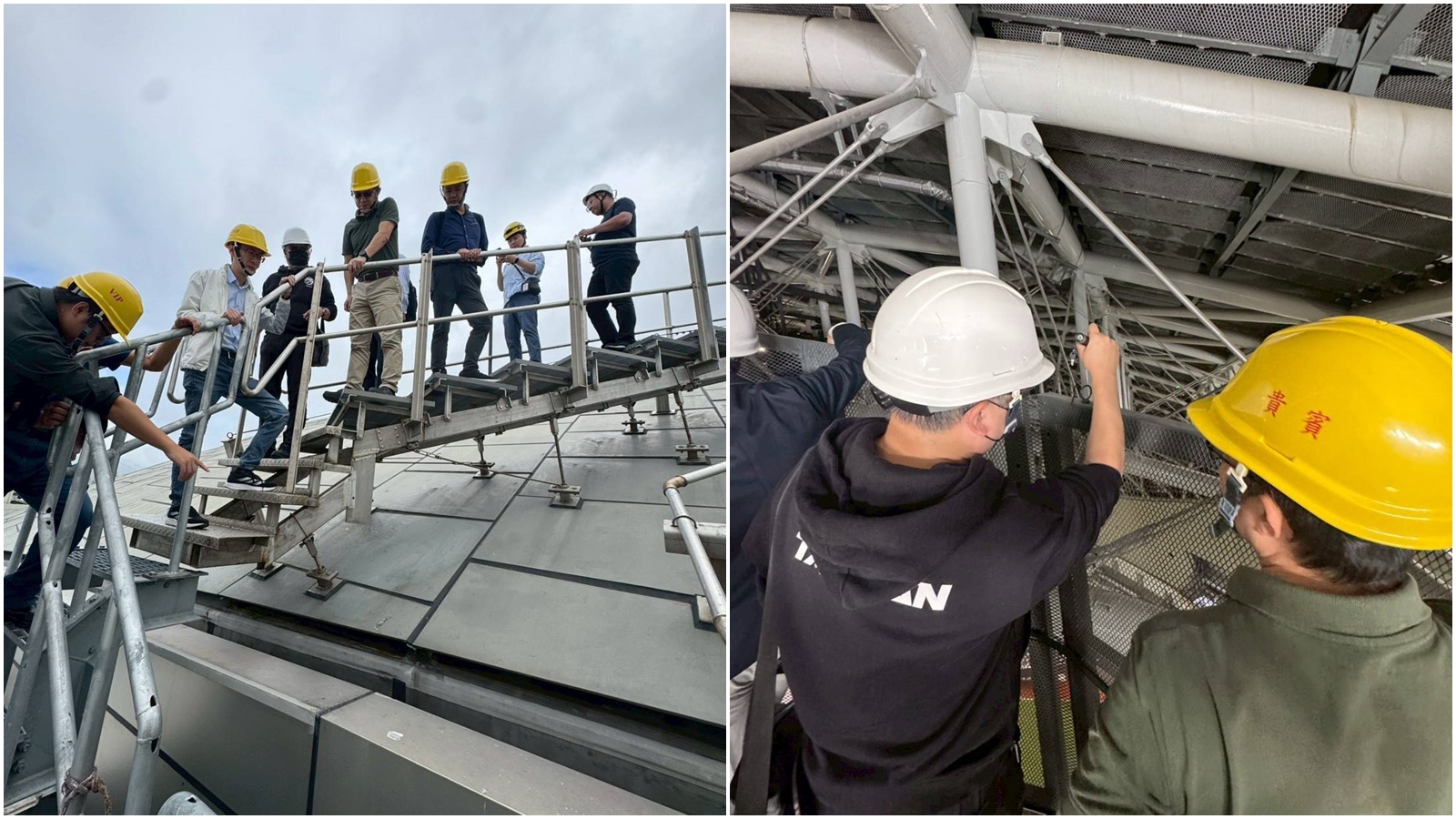 台北市體育局今日表示，遠雄已經針對鈦板接縫處施作9萬公尺長防水膠帶，未來將持續密切監督改善狀況。（台北市體育局提供）