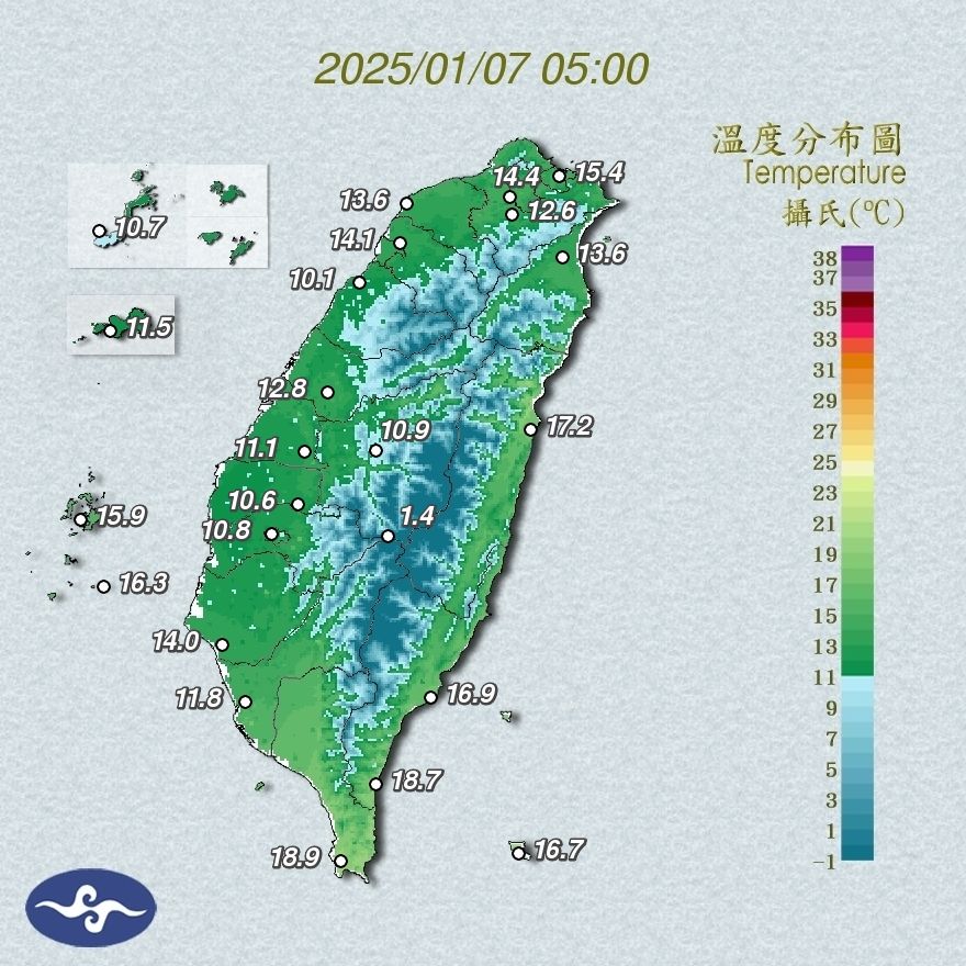 今晨溫度分布圖。（中央氣象署提供）