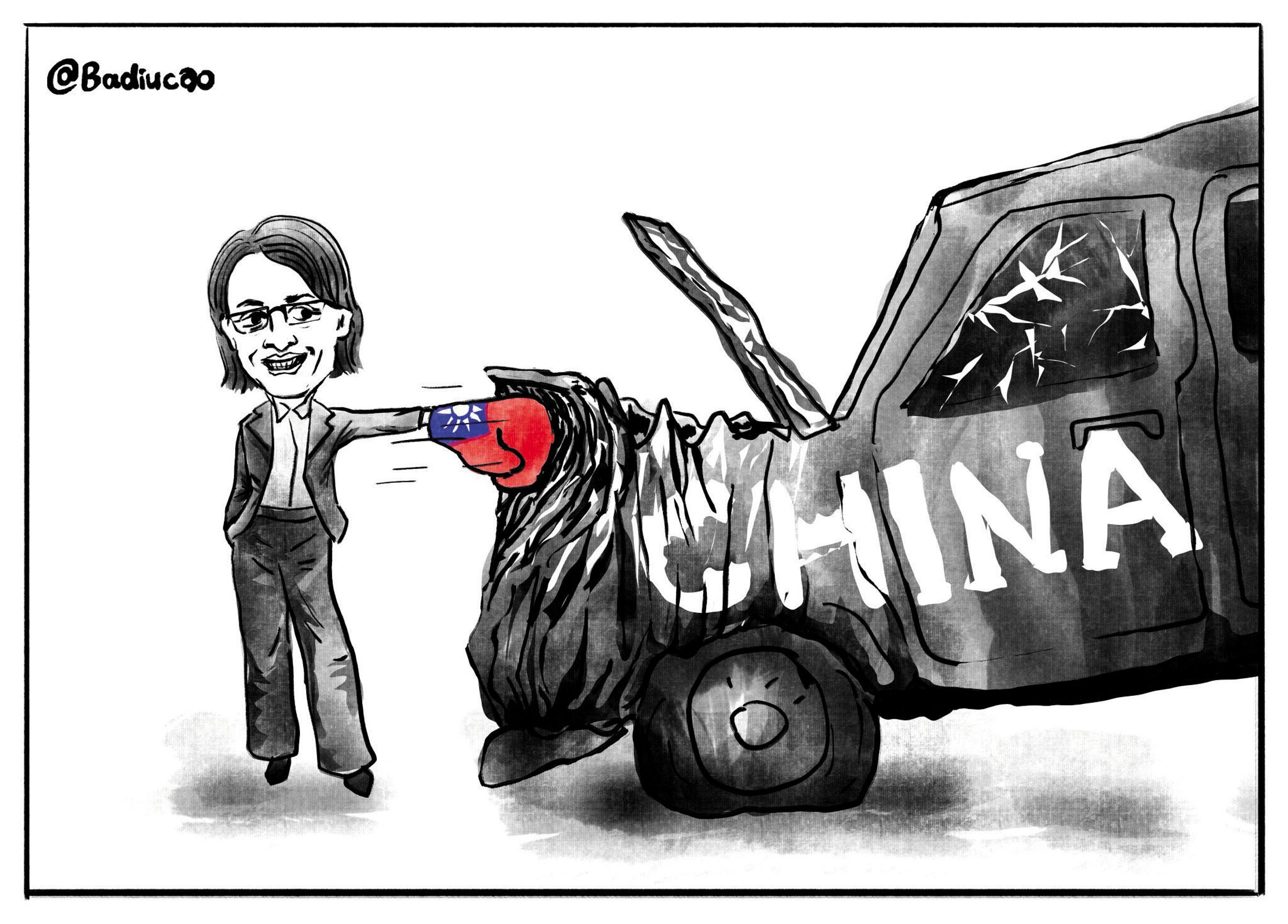 副總統蕭美琴去年訪問捷克期間，遭中國外交人員尾隨，差點釀成車禍。巴丟草今年稍早發布創作，題為：「漫畫台灣副總統  蕭美琴：不會嚇阻我為台灣發聲。」（巴丟草提供）