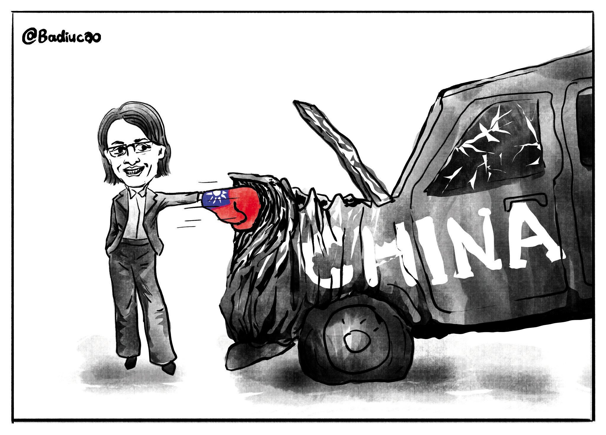 副總統蕭美琴去年訪問捷克期間，遭中國外交人員尾隨，差點釀成車禍。巴丟草今年稍早發布創作，題為：「漫畫台灣副總統  蕭美琴：不會嚇阻我為台灣發聲。」（巴丟草提供）