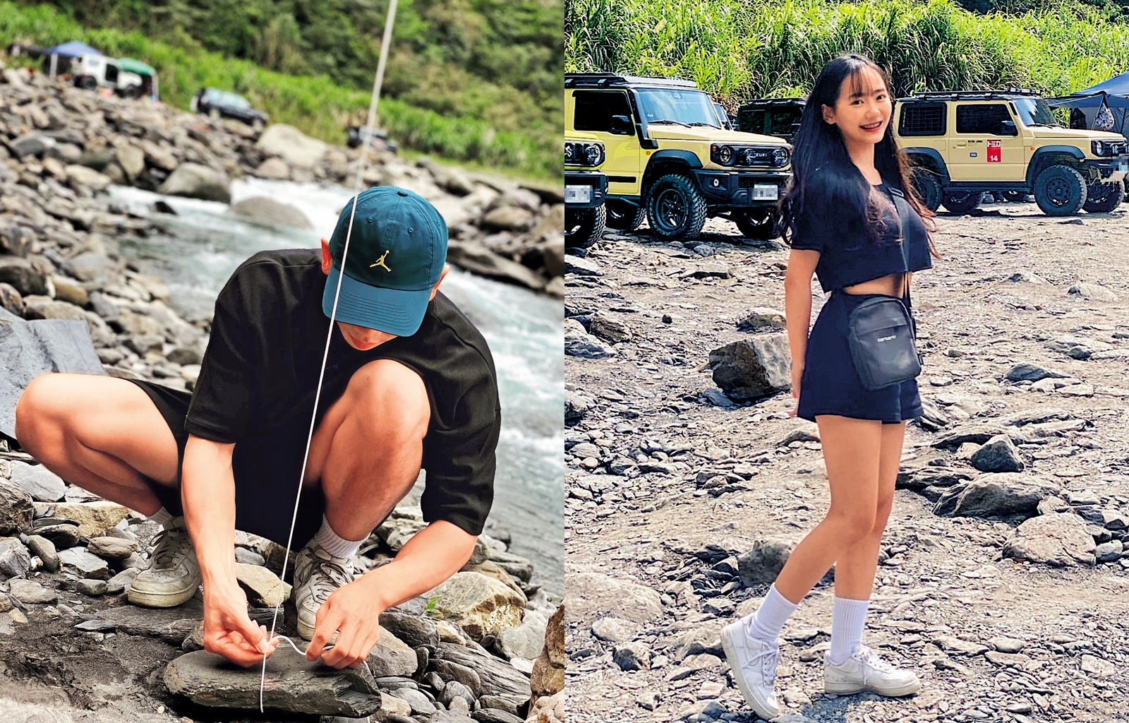 味全龍啦啦隊員昆娜（右圖）與輕艇國手老公翁琝森（左圖）在社群上幾無曬愛，到了同個地方，照片也是各貼各的，雖沒有明顯連結，但能找到蛛絲馬跡，比如一起出遊的照片。（合成圖，左翻攝自翁琝森IG、右翻攝自昆娜IG）