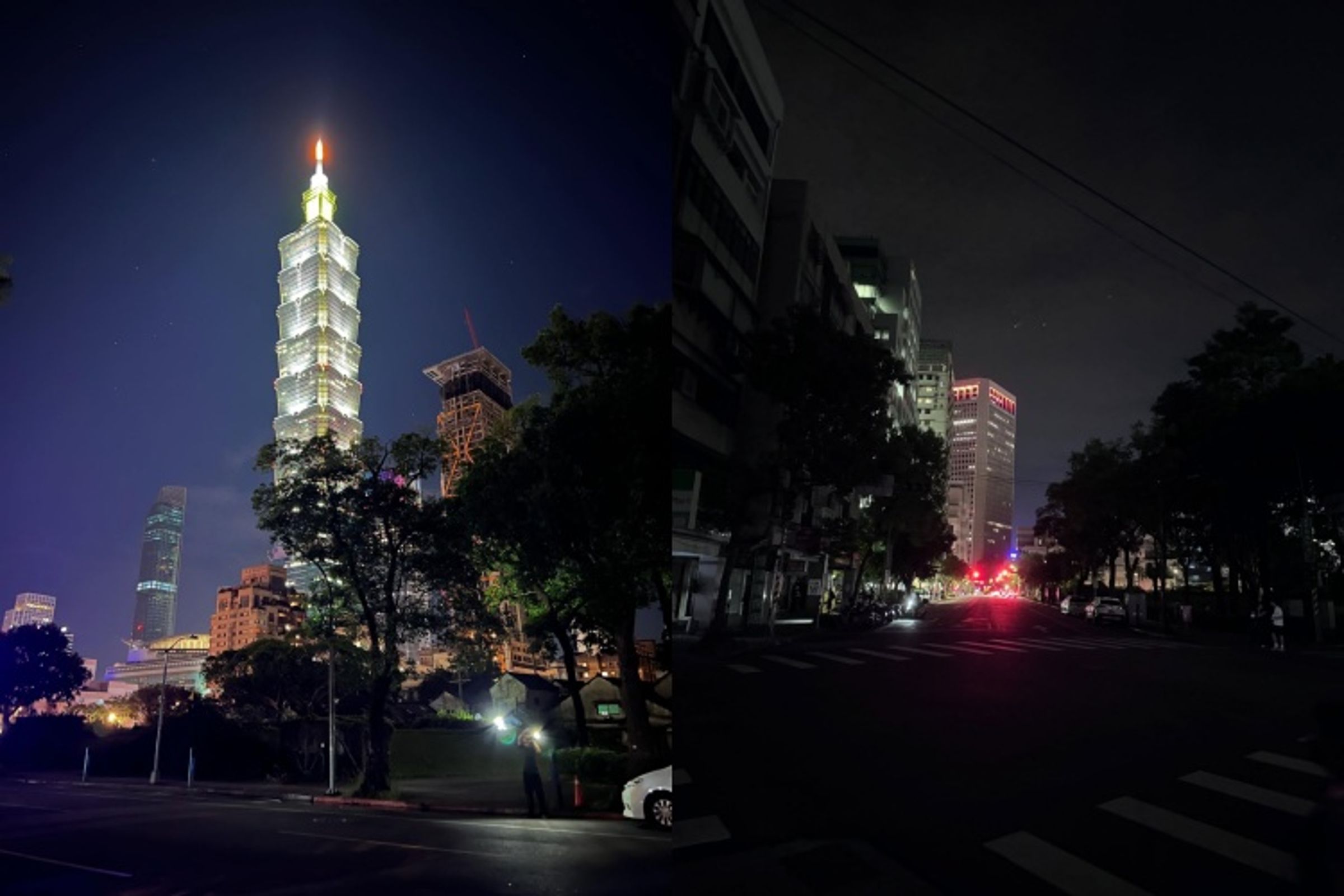 停電當下的信義區街景,四周黑暗,唯有台北101亮著,宛如黑夜孤島。(左為Threads網友@kkarenleetw授權提供/右翻攝自Threads @chunyuchen920906 )