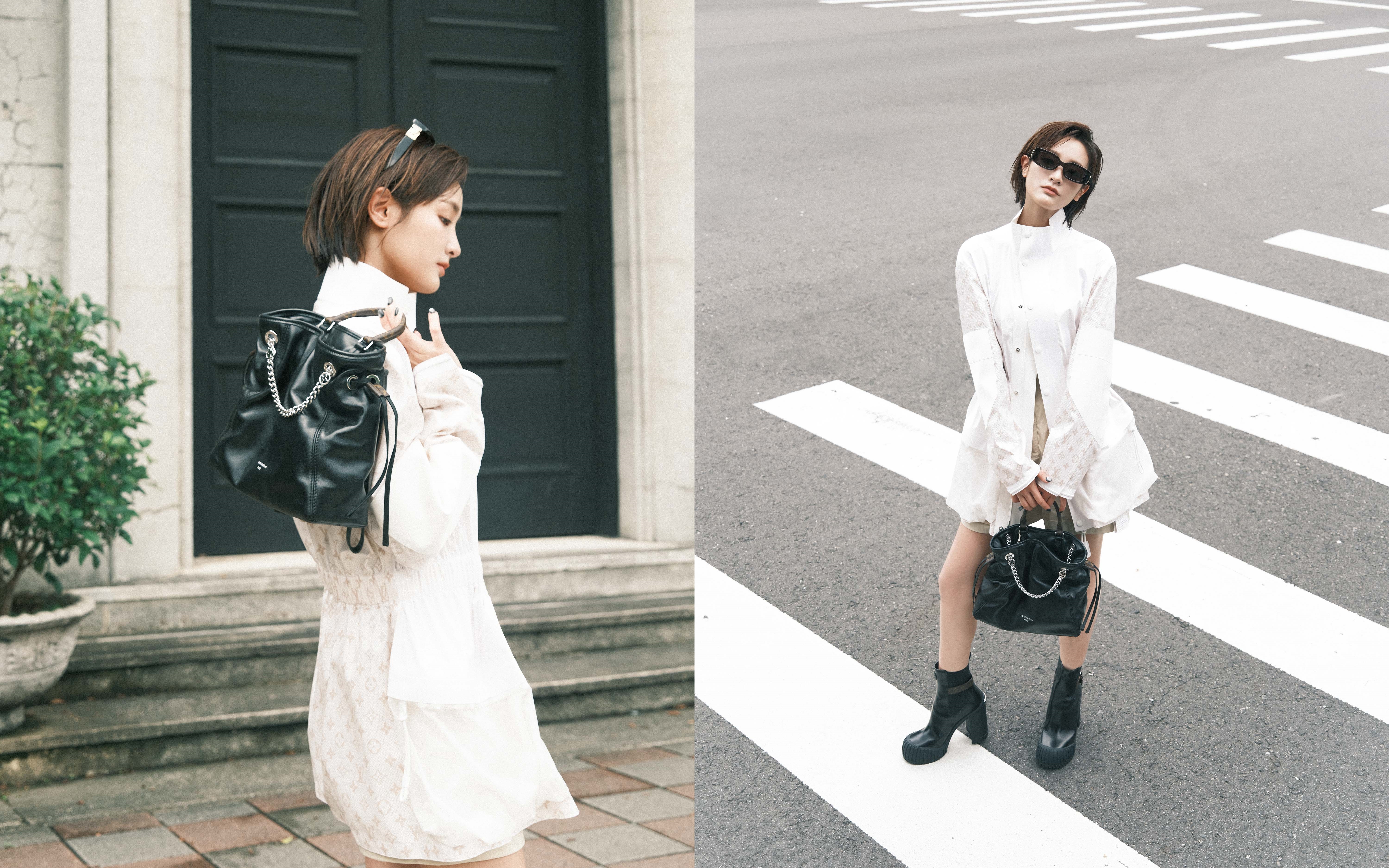 LOUIS VUITTON品牌大使王淨以白色中長版外套搭配短褲、短靴，帥氣又俐落的演繹Off Duty手袋魅力。（路易威登提供）