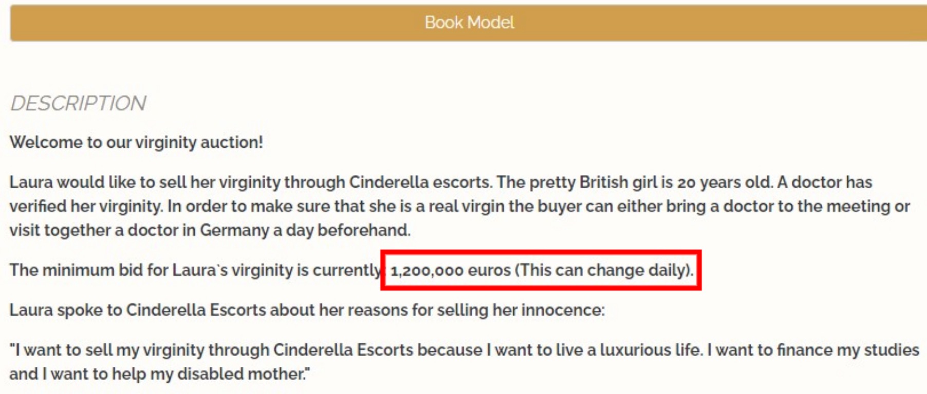 根據伴遊網站，目前競標價已經達到「120萬歐元」。（翻攝Cinderella Escorts）