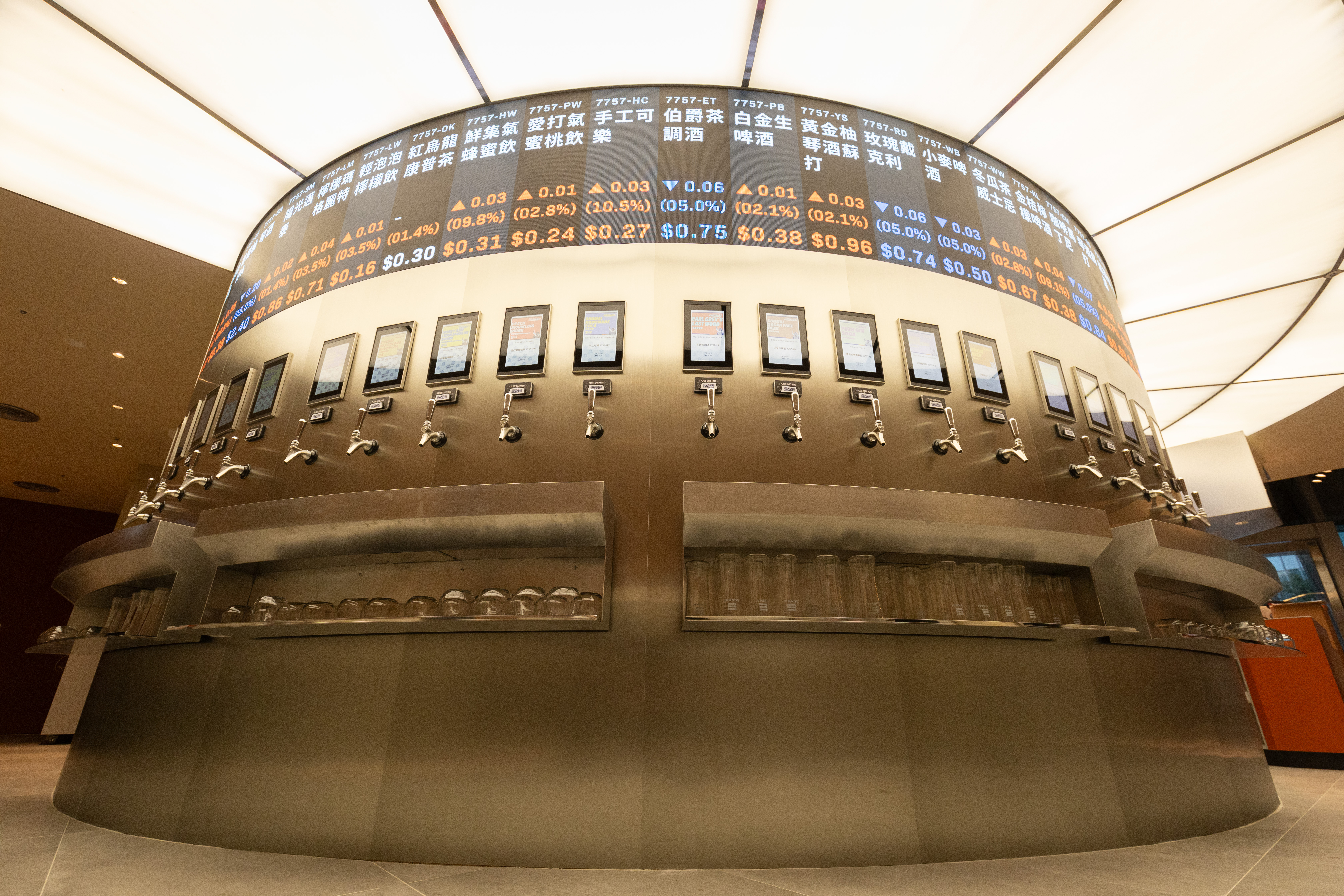 金色三麥首創的智慧自助取酒牆「電子酒精交易所」，呼應大巨蛋球體環狀設計，羅列多達20款精選On Tap與無酒精飲料。