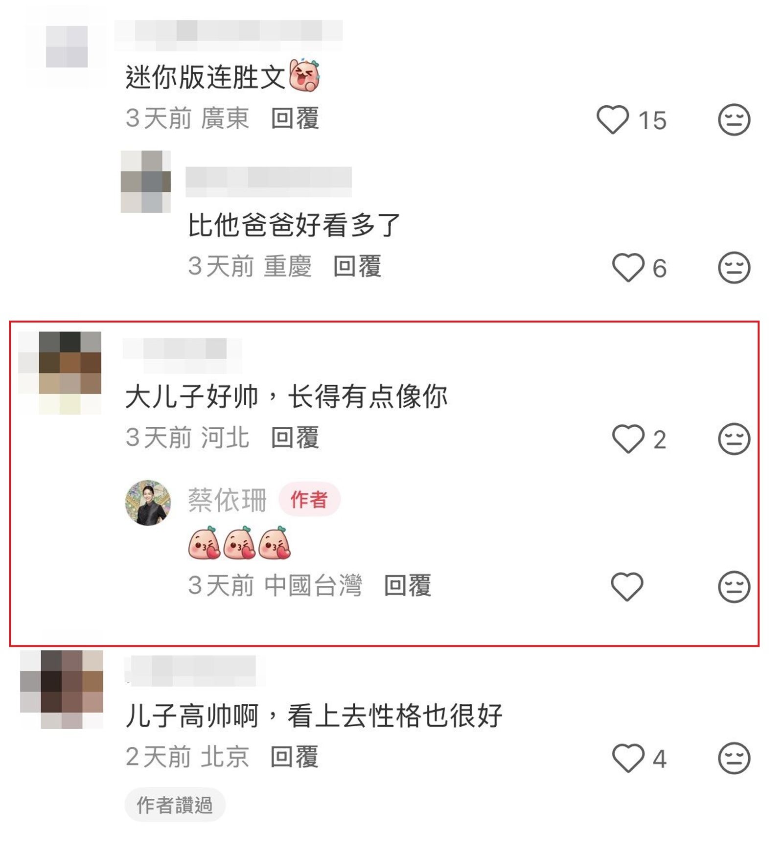 有網友誇連定捷長得有點像媽媽，蔡依珊開心回覆。（翻攝小紅書）