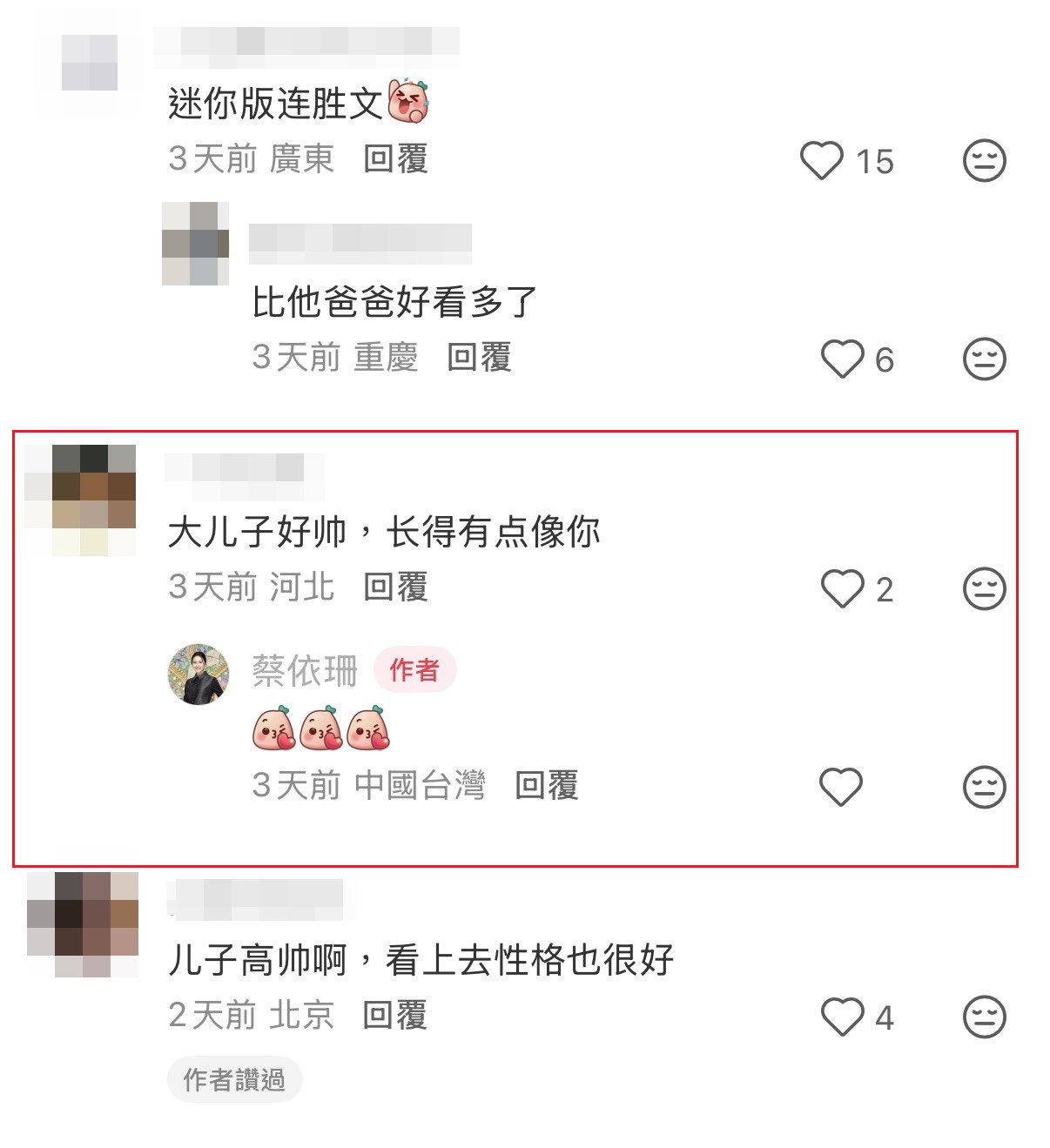 有網友誇連定捷長得有點像媽媽，蔡依珊開心回覆。（翻攝小紅書）