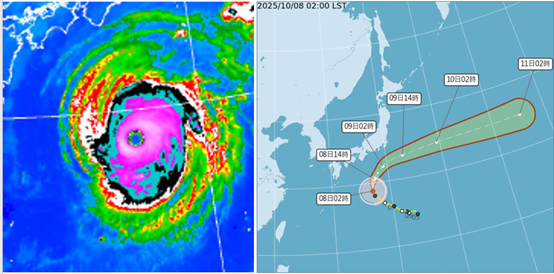 8日晨2時紅外線雲（左）圖顯示，「中颱哈隆」已有清晰的颱風眼及厚實的眼牆，被估為近中心平均風速48米/秒。最新（8日2時）「路徑潛勢預測（右） 圖」顯示，「哈隆」將增強至「強烈」，在日本南方海面向東北東大迴轉，侵襲日本本土的機率並不高。（翻攝自氣象應用推廣基金會）