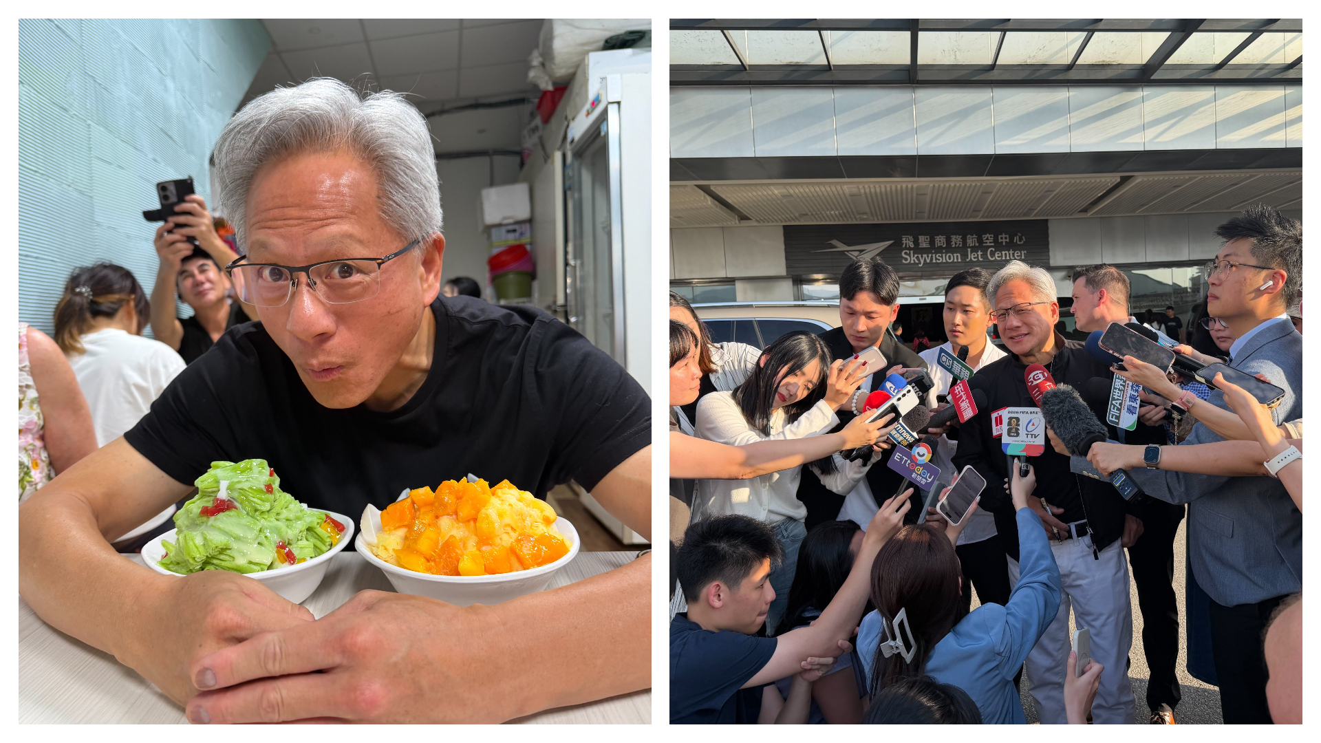 黃仁勳所到之處均吸引民眾圍觀，昨晚在饒河夜市大啖美食與民眾互動引發網友熱議。（翻攝自X@nvidianewsroom）