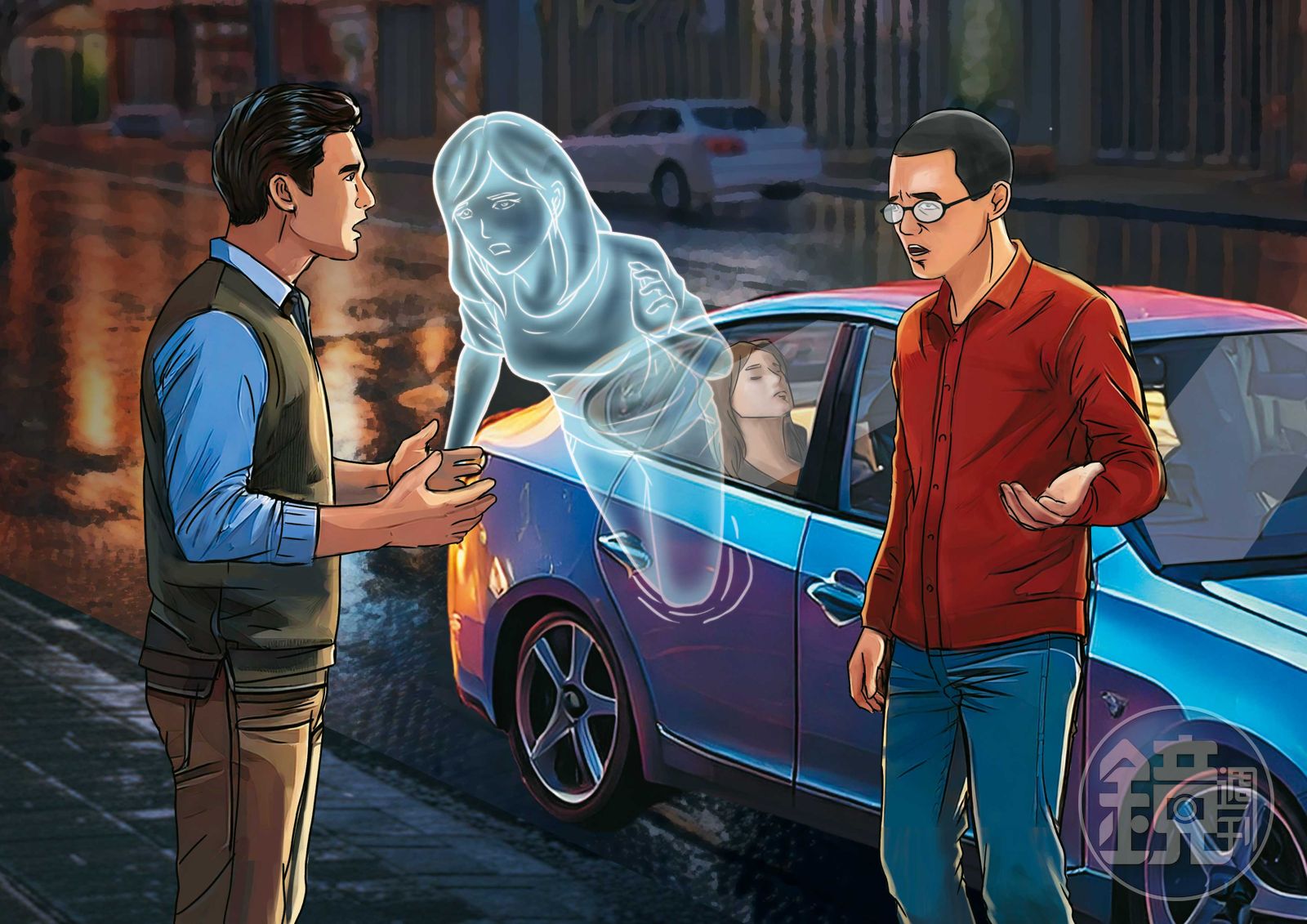 張志輝（右）載著女友屍體受訪，記者（左）看到死者魂魄向他鞠躬。（AI繪圖Adobe Firefly生成，本刊美術組後製）