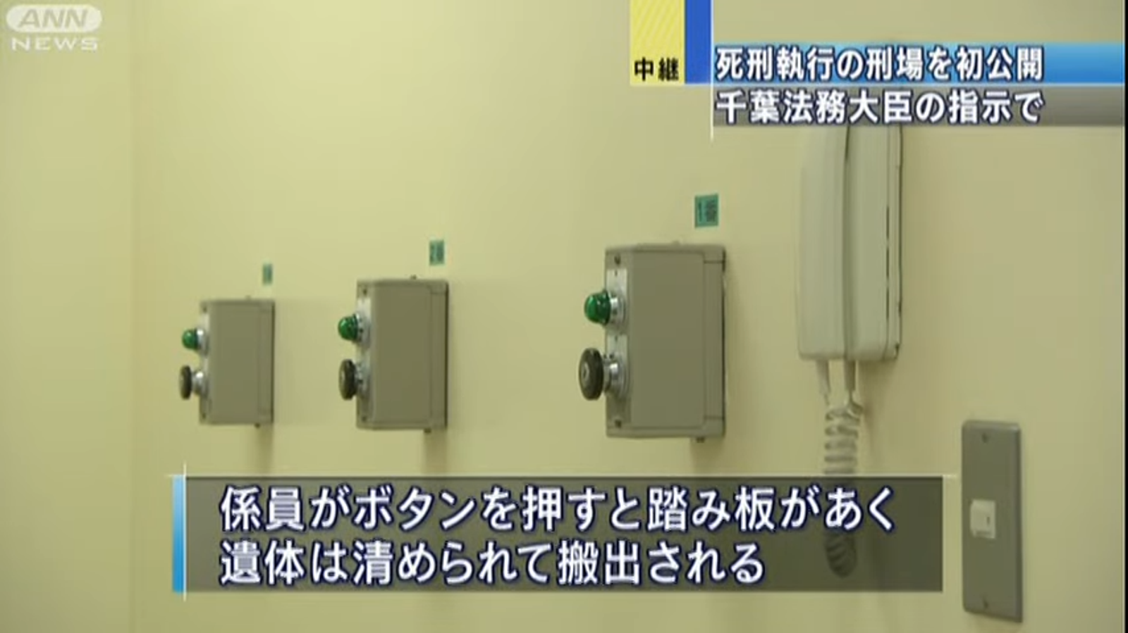 現場有5個按鈕,由5名刑務官同時按下。(翻攝自youtube @ANNnewsCH)