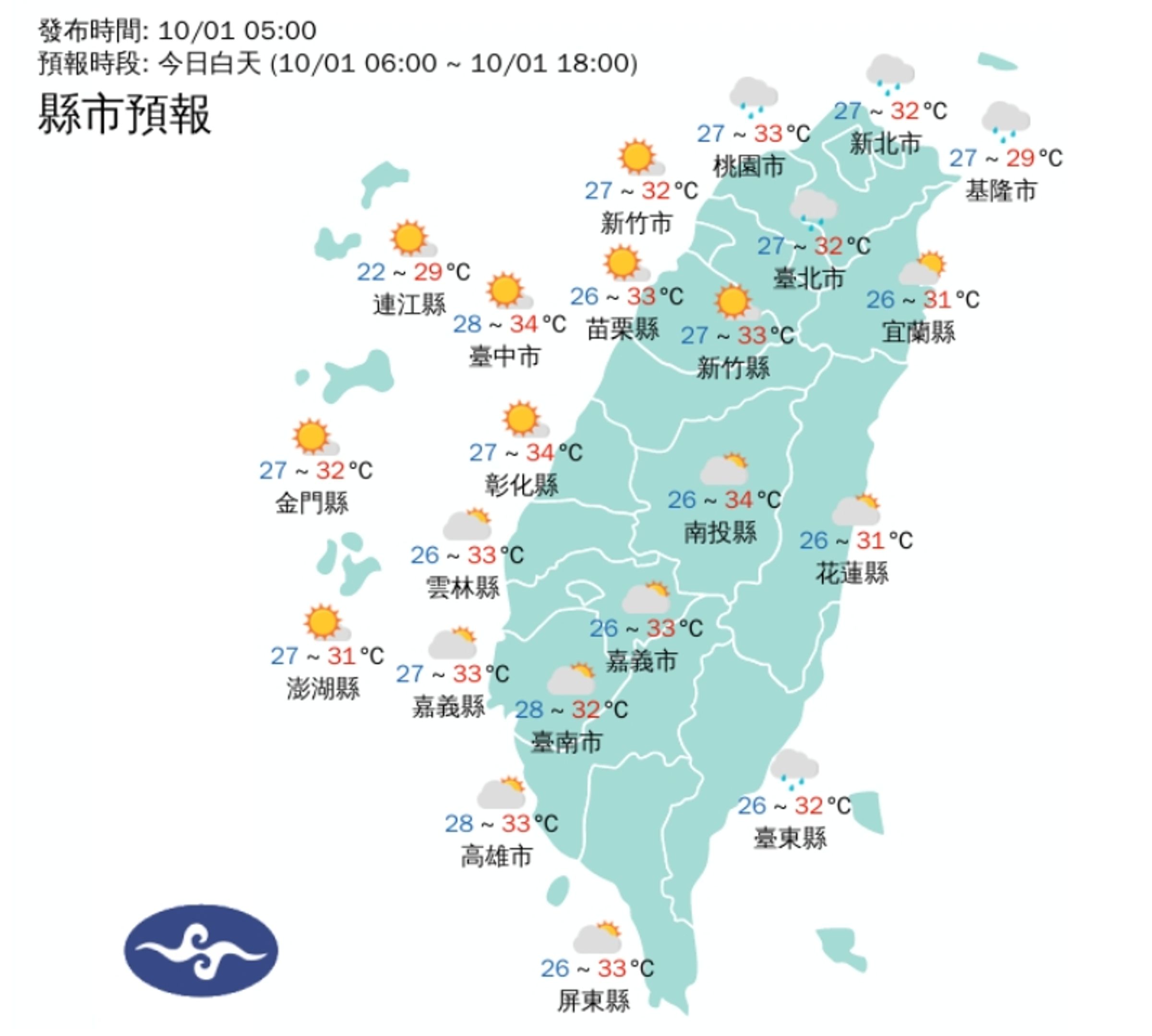 全台各地白天天氣一覽。(翻攝自中央氣象署)