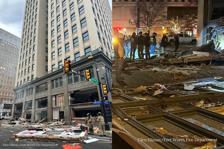 德州沃思堡的桑特曼簽名飯店發生大爆炸，街上建築物殘骸四散。（翻攝@FortWorthFire X）