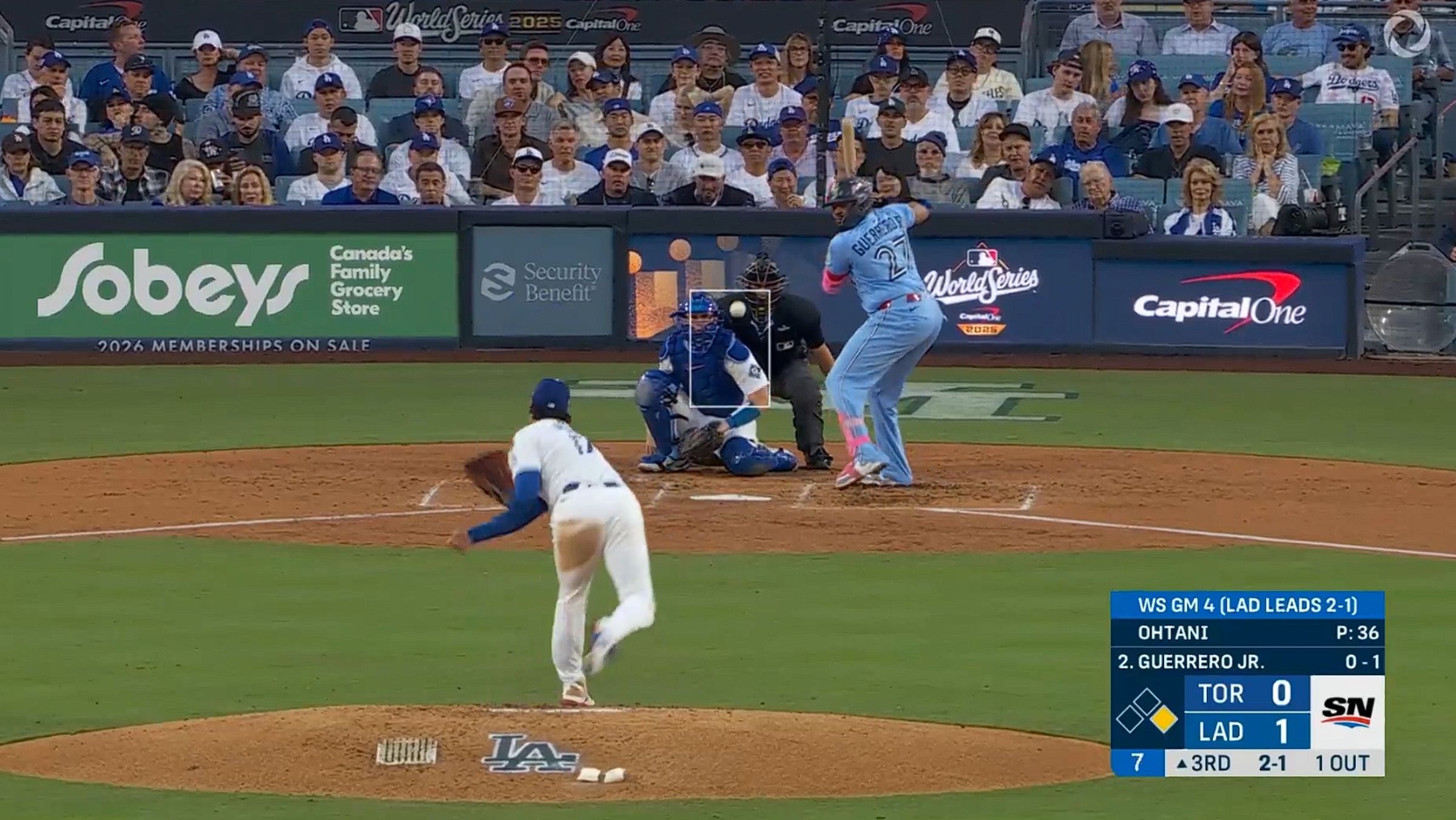 大谷翔平遭小V葛轟出2分砲。(翻攝自X @BlueJays)