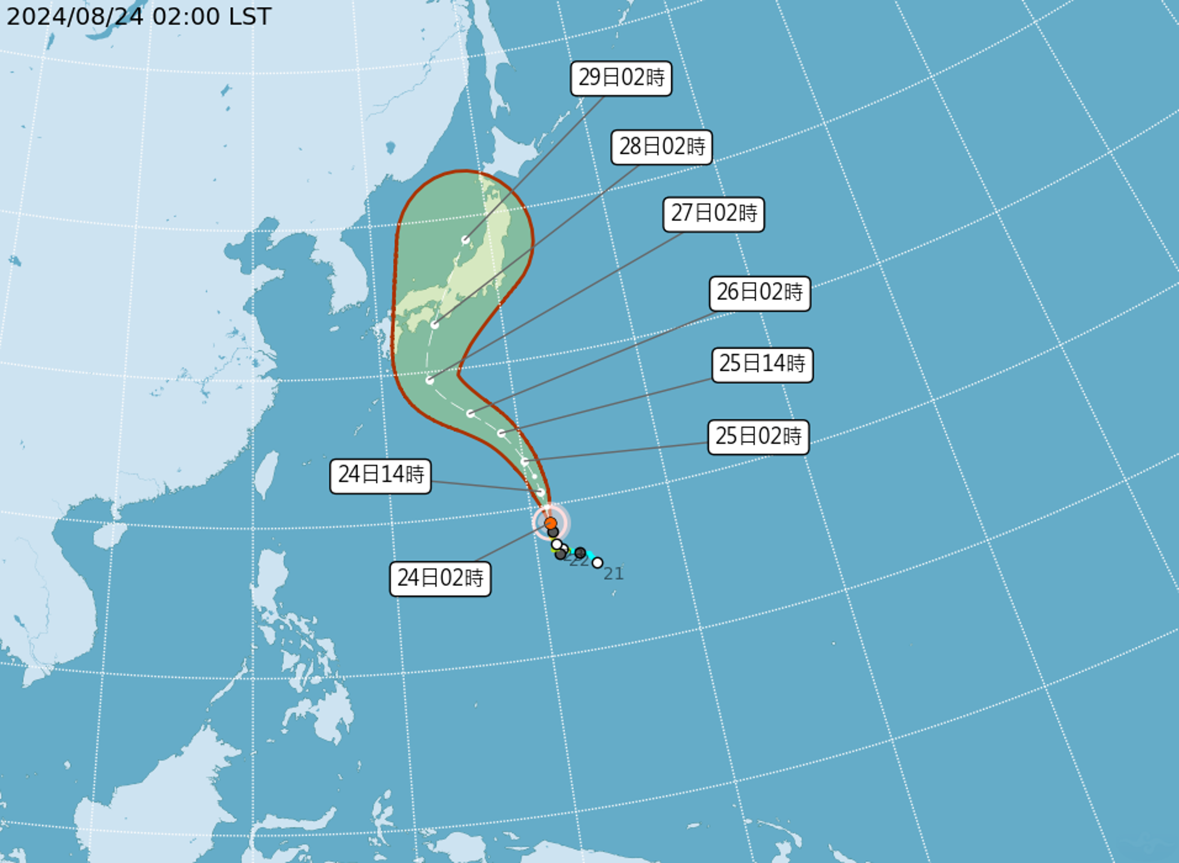 珊珊颱風受東側太平洋高壓引導,路徑向北北西轉西北前進,預計下週二至四(27至29日)將轉為向東北大迴轉,在登陸日本前強度將達到最強。(中央氣象署提供)