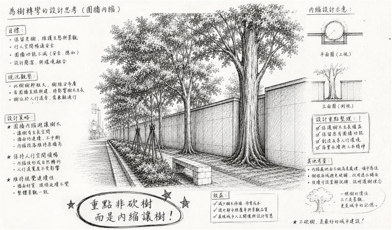 針對近來北市砍樹爭議，陳水扁回憶當年擔任總統時，玉山官邸圍牆讓樹內縮（右圖，翻攝陳水扁臉書），只為騰空間給樹木生長，他並直言市長不能為了工程方便，說砍樹就砍樹。