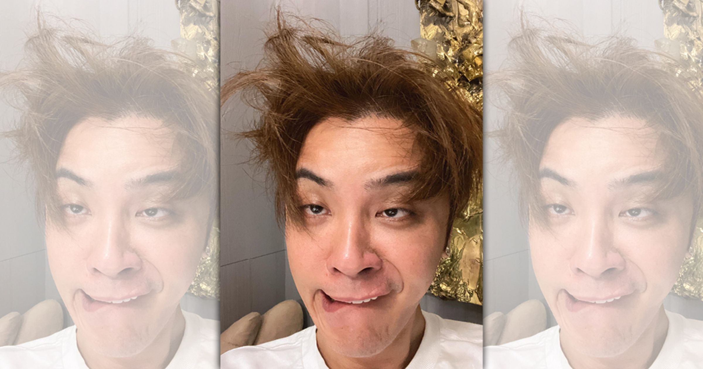 羅志祥以一張亂髮崩潰的自拍配文「不解開偶心中的結,偶真的難受呀」,相當逗趣。(翻攝自羅志祥臉書)