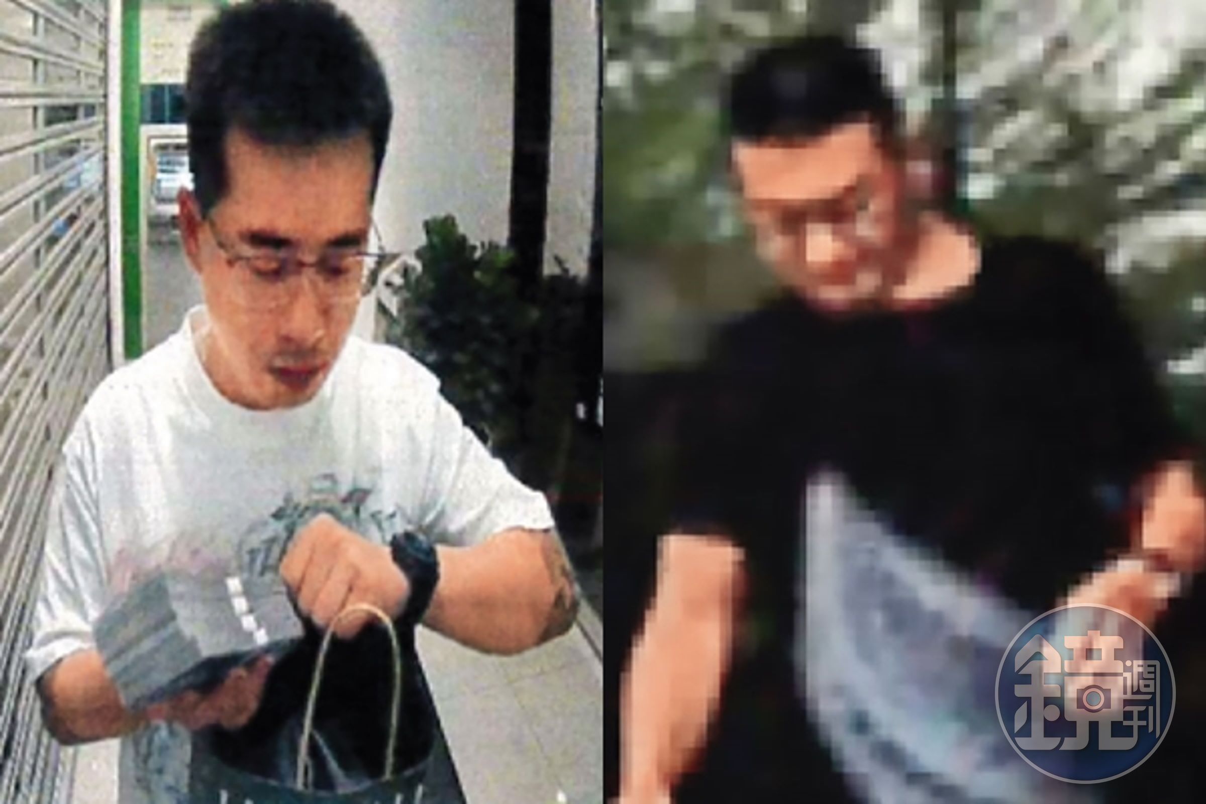 專案小組在陳會館門前拍到黑衣男子(右),另拍到白衣男子(左)存入大筆現金,認定二者是同一人,但白衣男有刺青,黑衣男則無,應非同一人。(翻攝畫面)