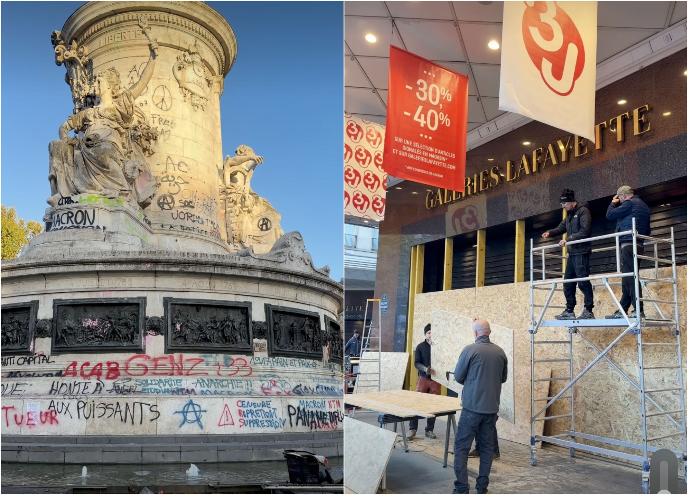法國17日發生全國性抗議,部分地區因激進團體參與,竟演變成破壞公共設備、洗劫商家的暴動衝突,巴黎街頭滿目瘡痍,民眾隔日一早默默開始修復工作。(翻攝自X)