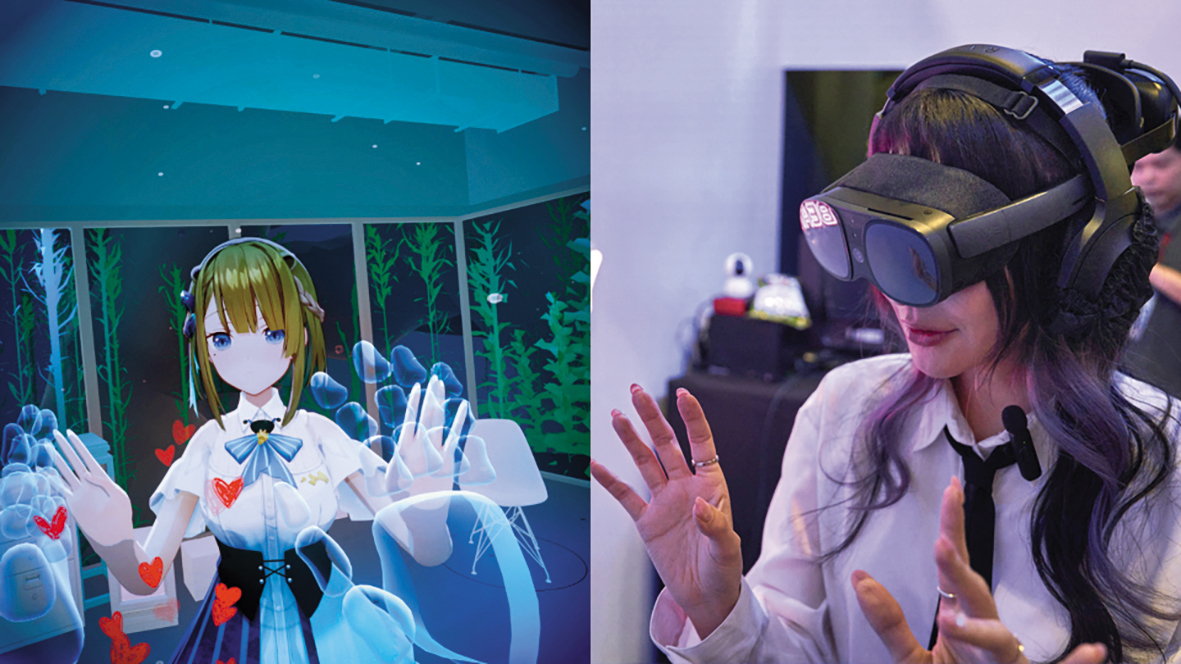 喜愛ACG的前立委賴品妤(右圖)頭戴VR裝置,在漫博會現場與VTuber露恰露恰(左圖)1對1互動。(HTC VIVE ORIGINALS提供)