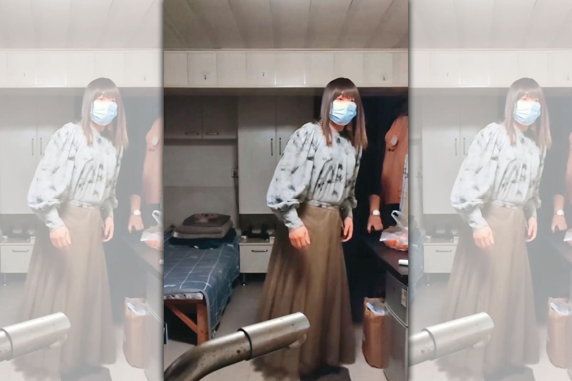 南京紅姐和男網友見面時,幾乎都是同一套上衣、長裙和招牌口罩。(翻攝自X)