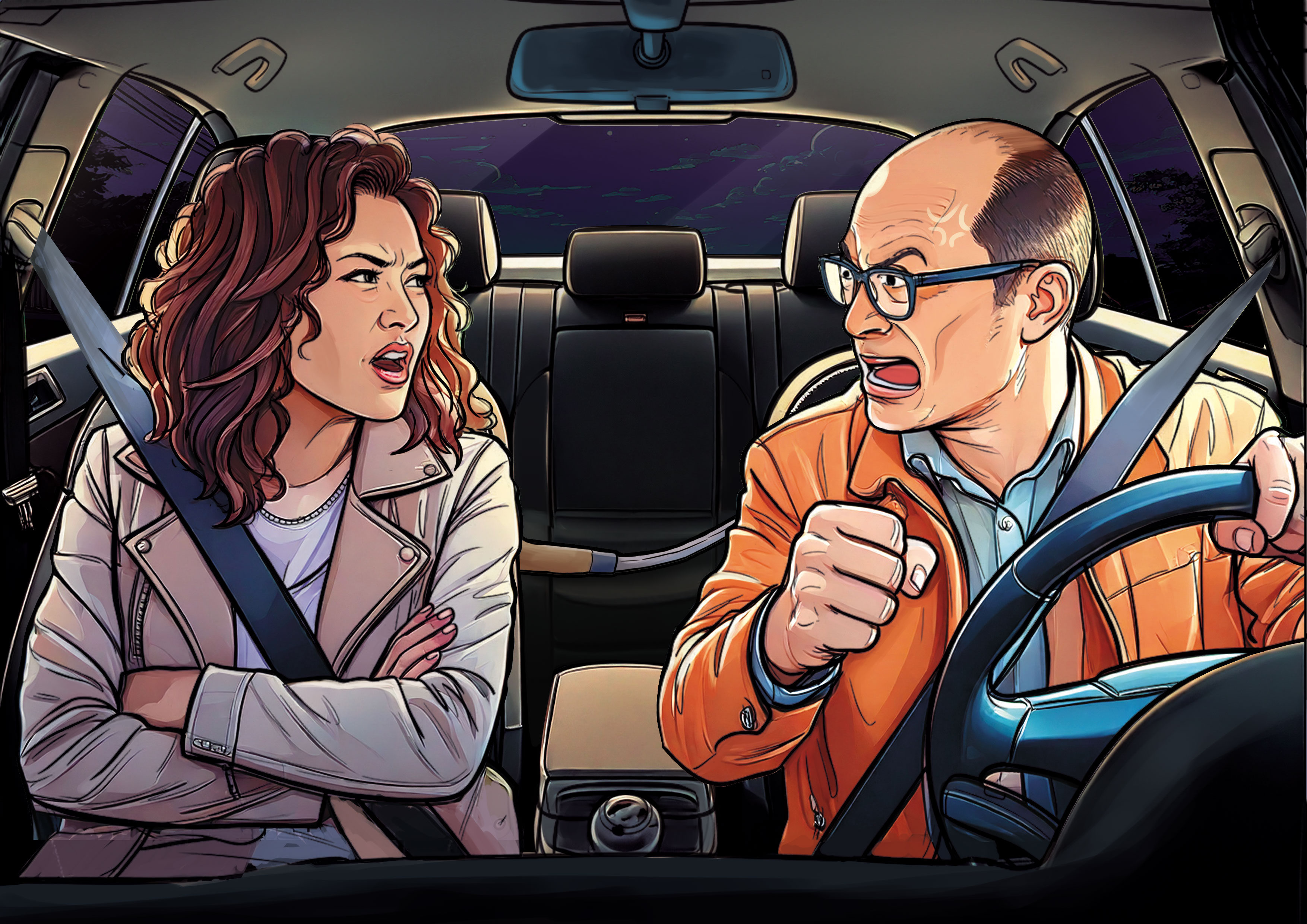 傅男與紀女在車內發生爭執，傅男持預藏鐮刀朝紀女割頸致死。（AI繪圖FREEPIK生成，本刊美術組後製）