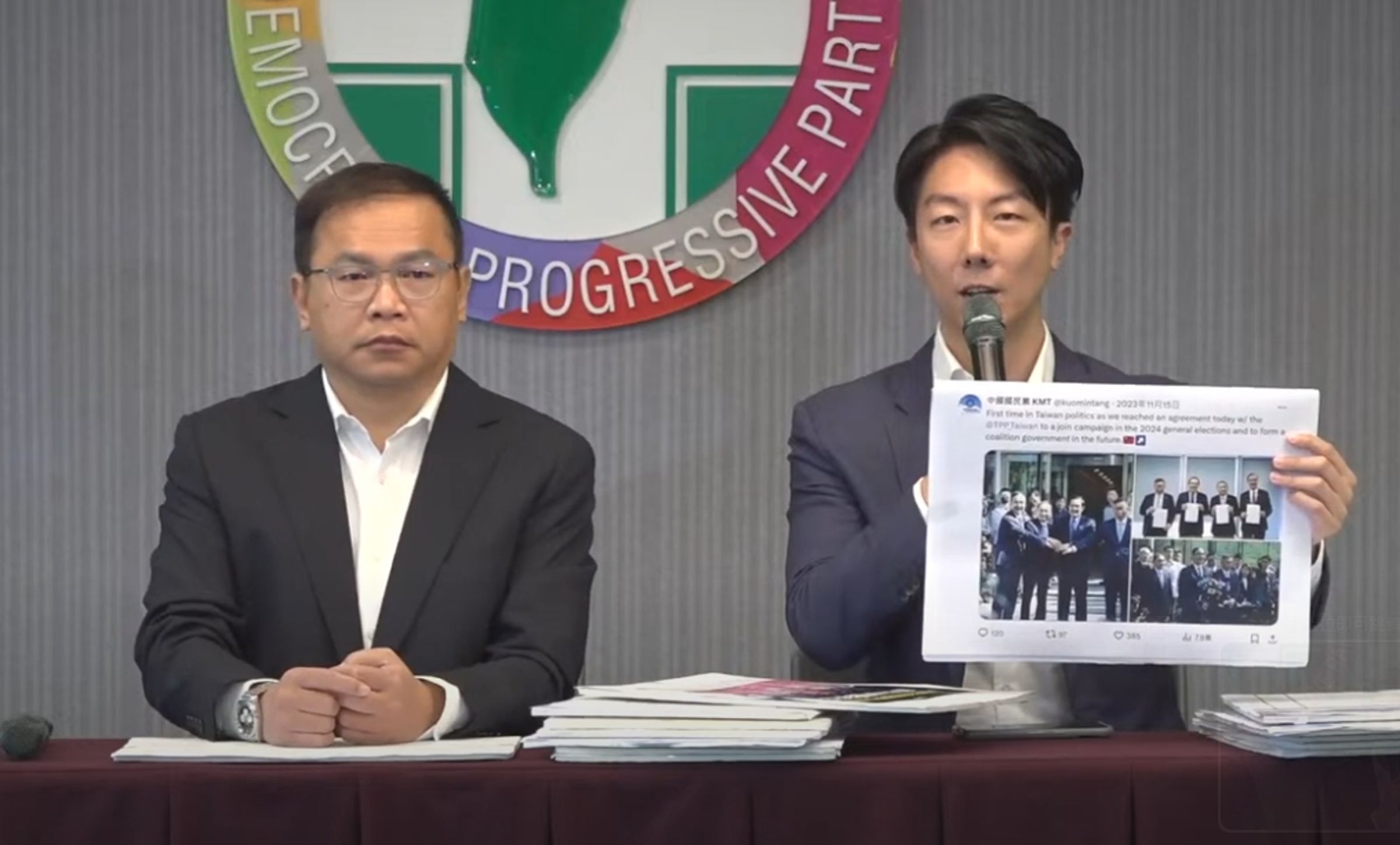 夏立言今再度訪中,吳崢和王義川質疑,國民黨申請民主基金會補助出訪中國,有無為台灣發聲。(翻攝自民進黨直播)