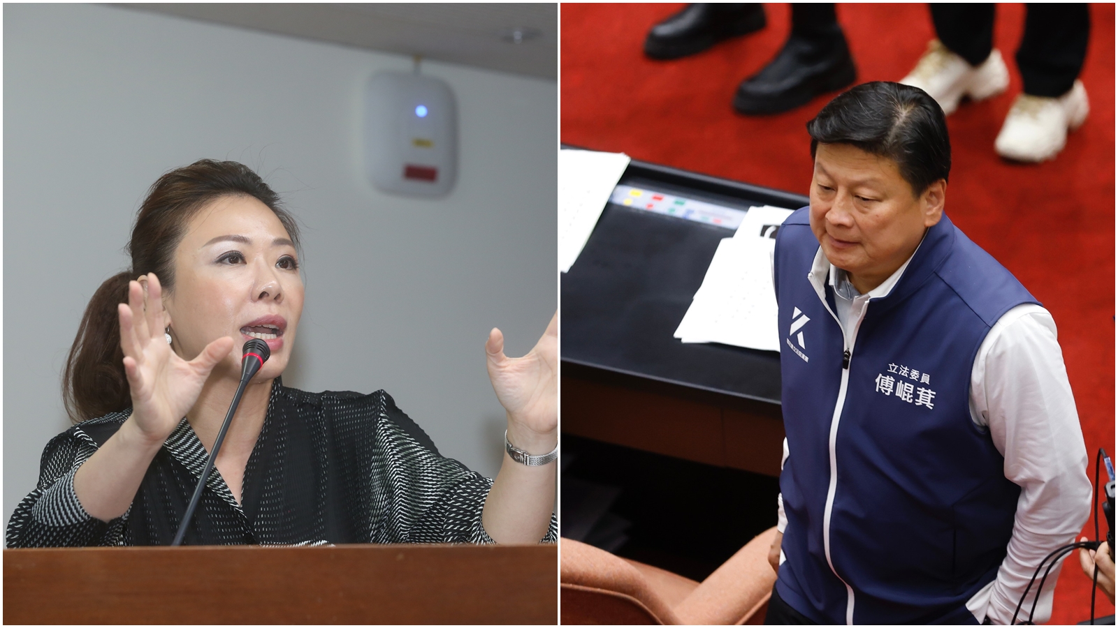 傅崐萁（右）昨日聲稱要廢除監察院，不過李彥秀（左）今日則打臉「國民黨支持五權分立」，否定廢監院主張。