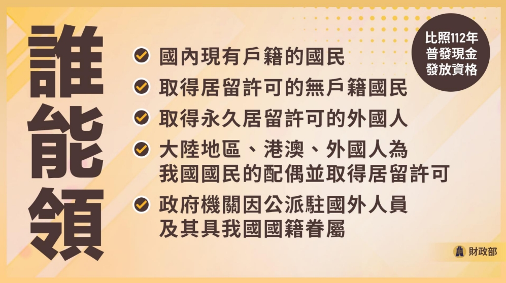 符合5資格即可領取普發1萬元現金。（財政部提供）