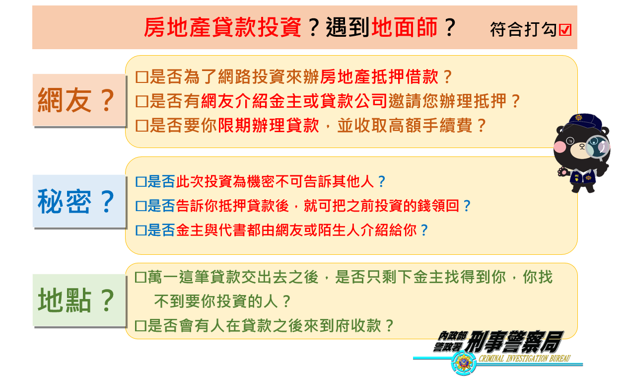 警政署與地政司邀請各地政公會一起研商「假投資真抵押地詐欺」,提醒民眾如何預防遭詐。(警政署提供)