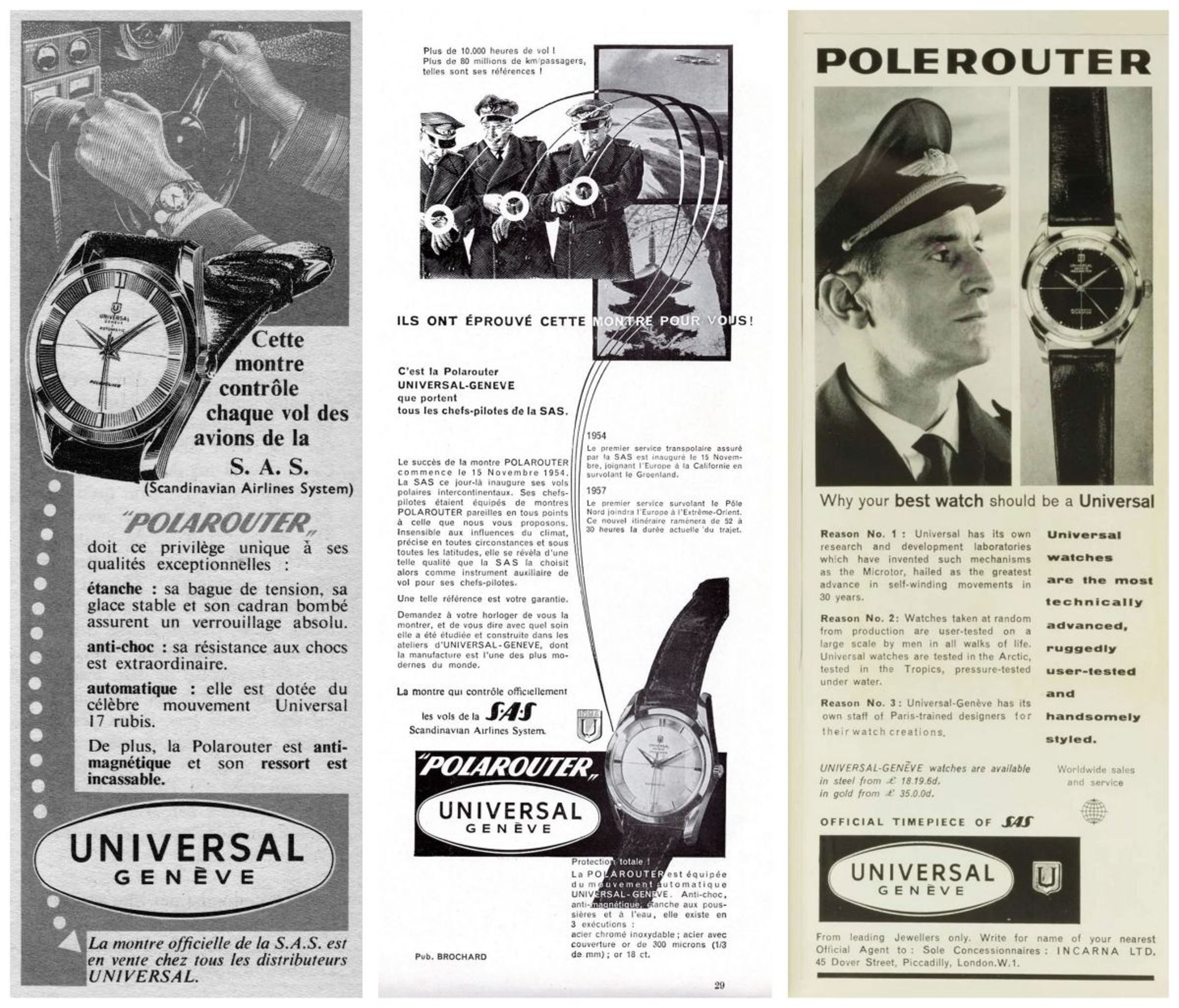 Universal Genève Polerouter SAS 腕錶當年的報紙廣告。