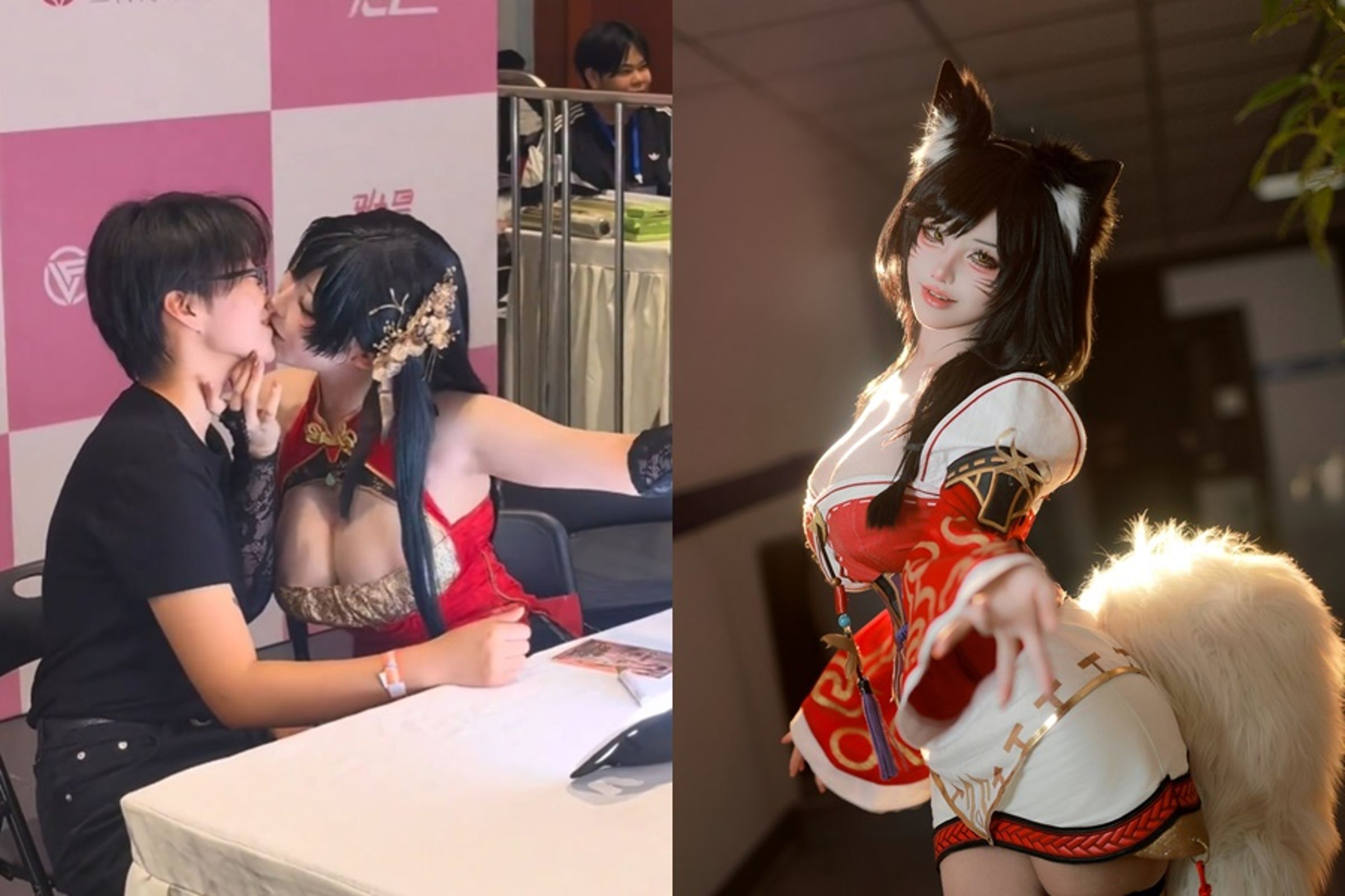 南韓人氣Coser Yasal日前在簽名會上與粉絲嘴對嘴親吻，影片瘋傳社群。（翻攝自X@xixikawaii、Yasal_170）