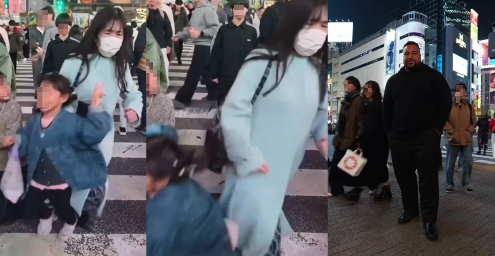 澳洲大力士威廉斯（右圖）前往東京澀谷街頭實測「撞人族」情況，影片在社群平台引發網友討論。（翻攝自threads/eddiejowilliams）