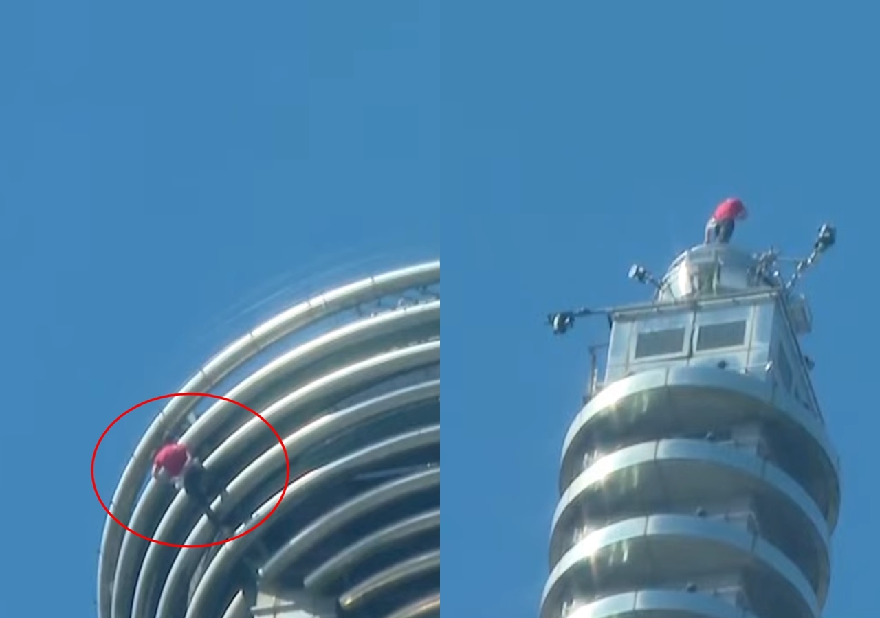 霍諾德挑戰徒手攀登台北101成功,過程中他一度雙手懸空(左圖),只靠著雙腳支撐。(鏡新聞提供)