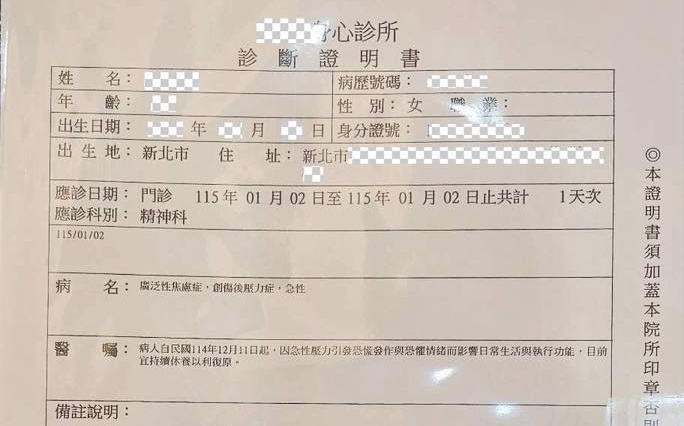 馬郁雯徵得受害人同意出示就診證明。（翻攝自馬郁雯 Wendy 臉書）